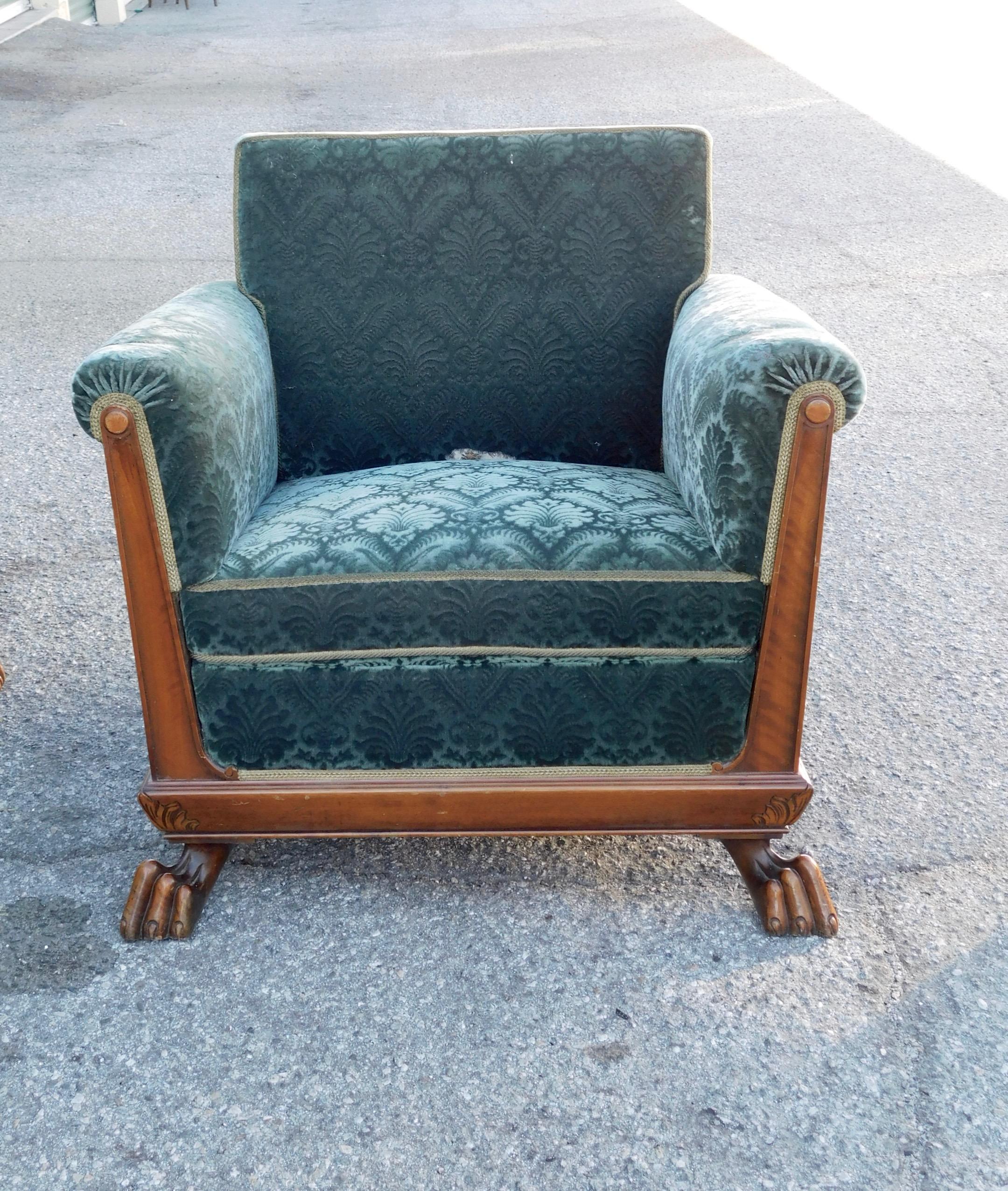 Swedish Art Deco Cubic Club Chairs with Claw Feet by Eugen Höglund, circa 1930 For Sale 2