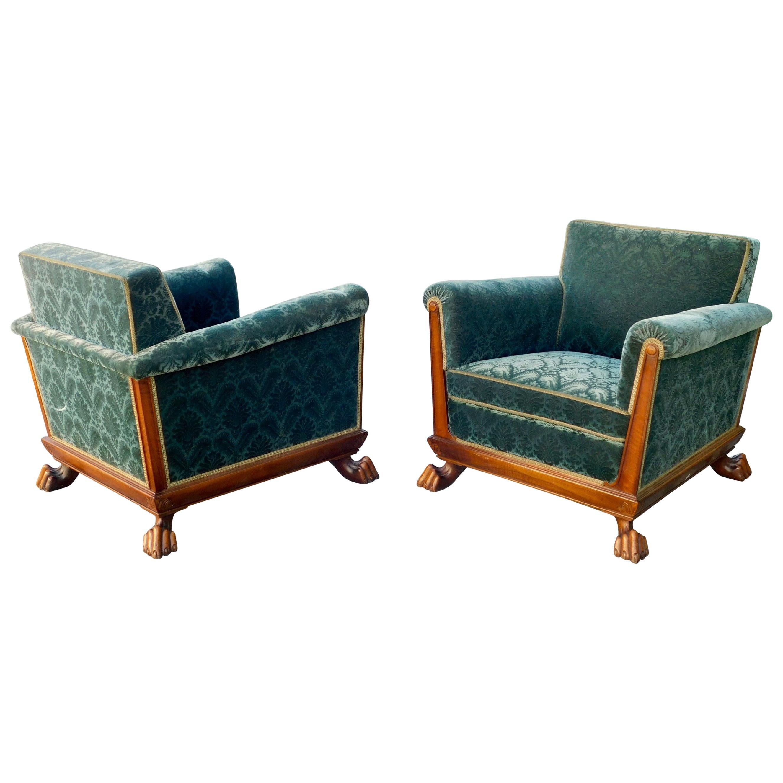 Swedish Art Deco Cubic Club Chairs with Claw Feet by Eugen Höglund, circa 1930 For Sale