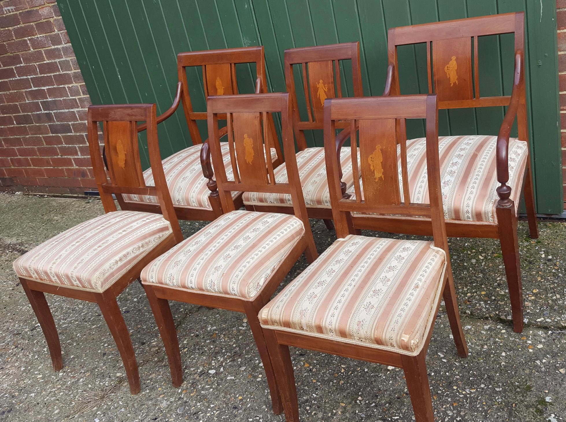 Swedish Art Deco Dining Chairs Set of 6 Marquetry Dark Honey, Early 20th Century In Good Condition For Sale In Lewes, England