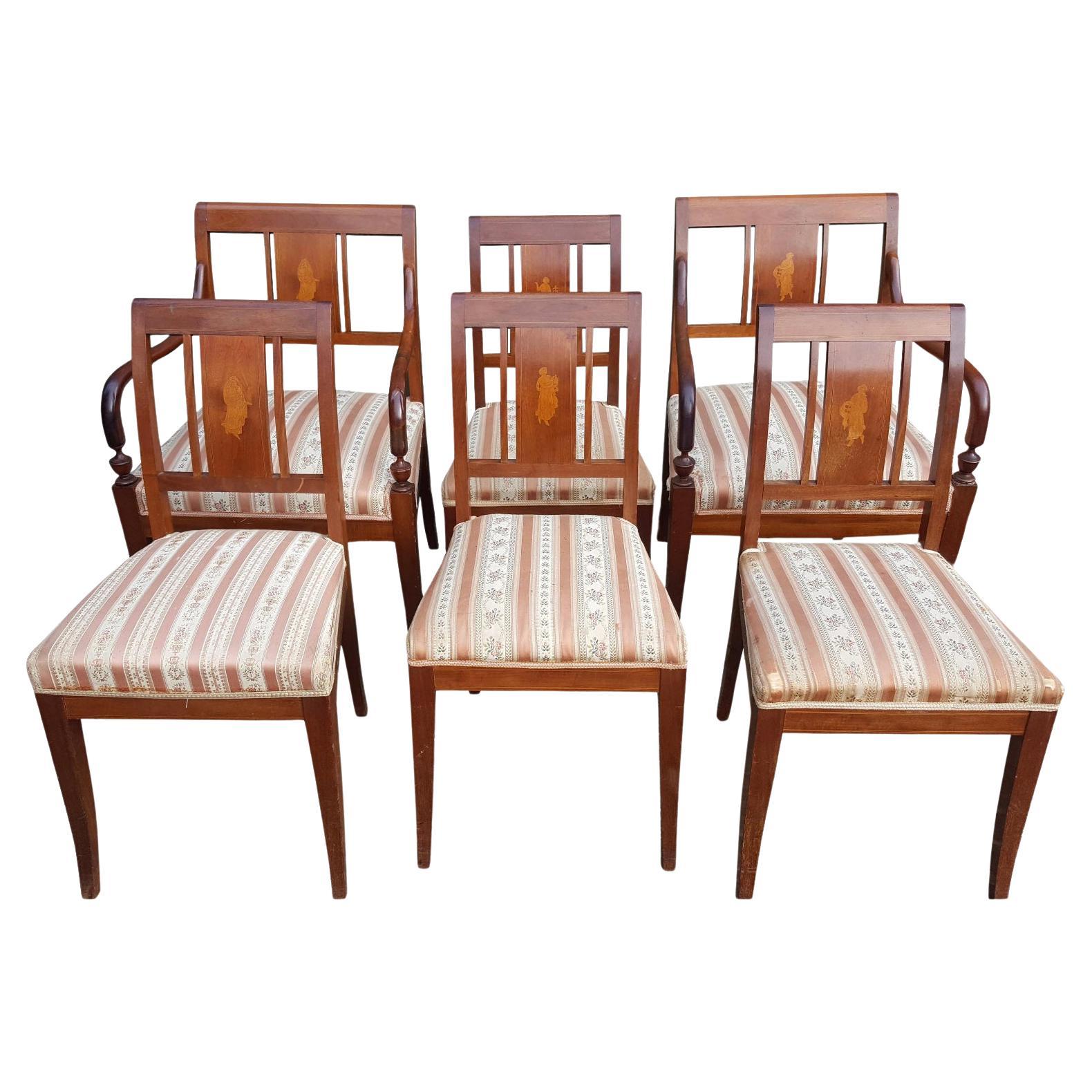 Swedish Art Deco Dining Chairs Set of 6 Marquetry Dark Honey, Early 20th Century For Sale