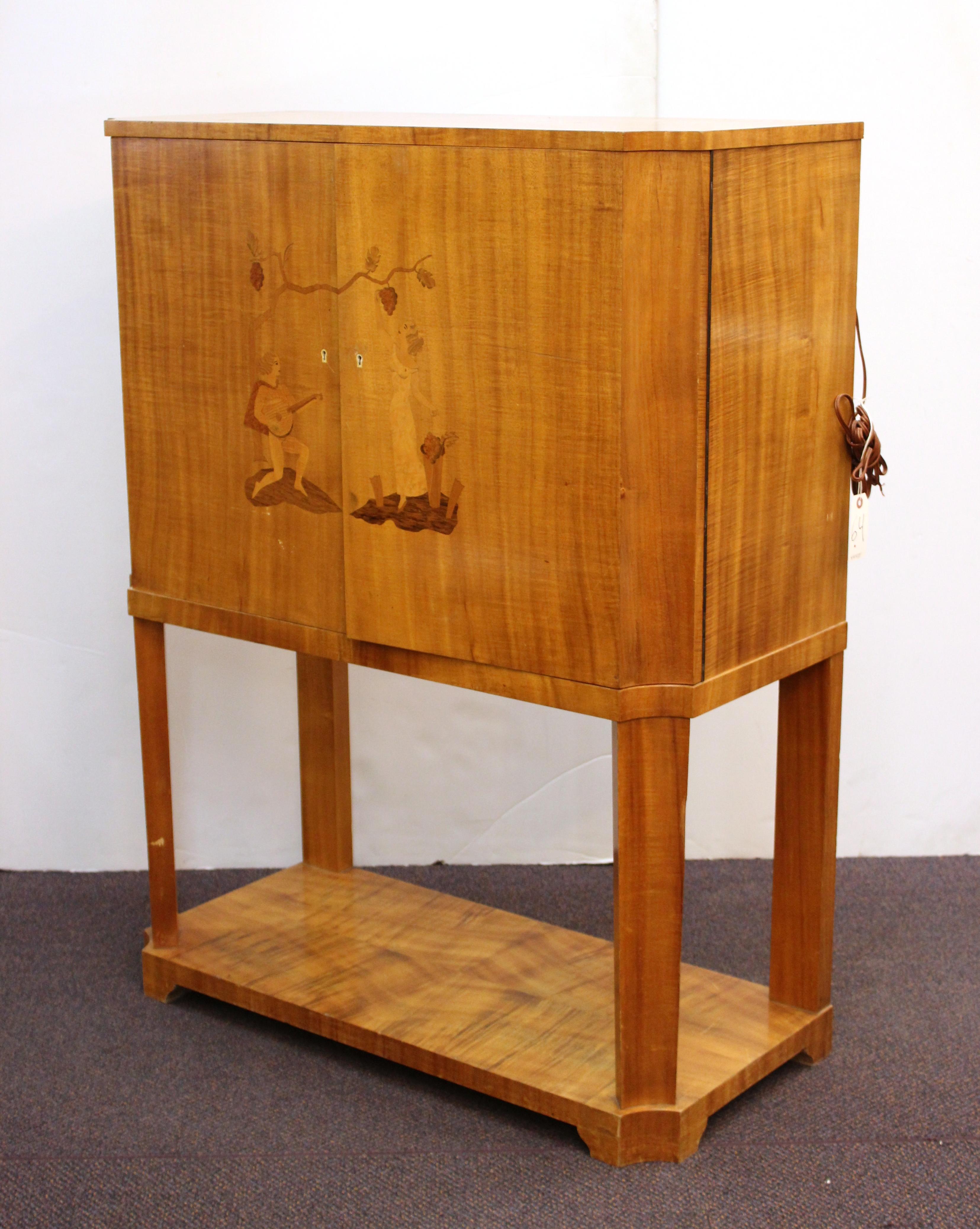 20th Century Swedish Art Deco Dry Bar or Bar Cabinet in Blonde Wood with Inlaid Illustration
