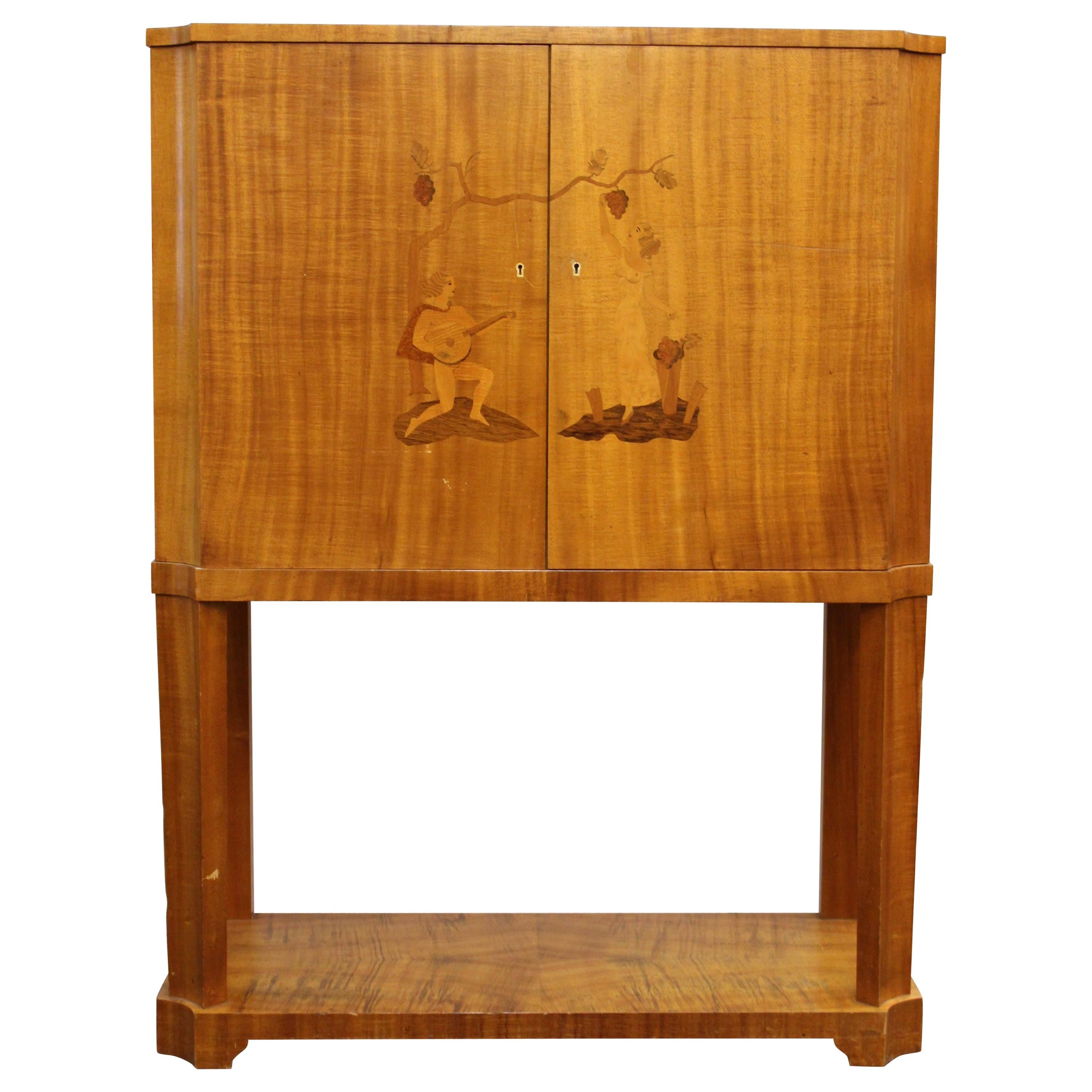 Swedish Art Deco Dry Bar or Bar Cabinet in Blonde Wood with Inlaid Illustration