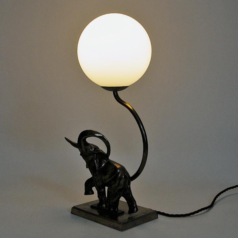 Swedish Art Deco Elephant table lamp with opaline glass shade 1930s In Good Condition In Stockholm, SE