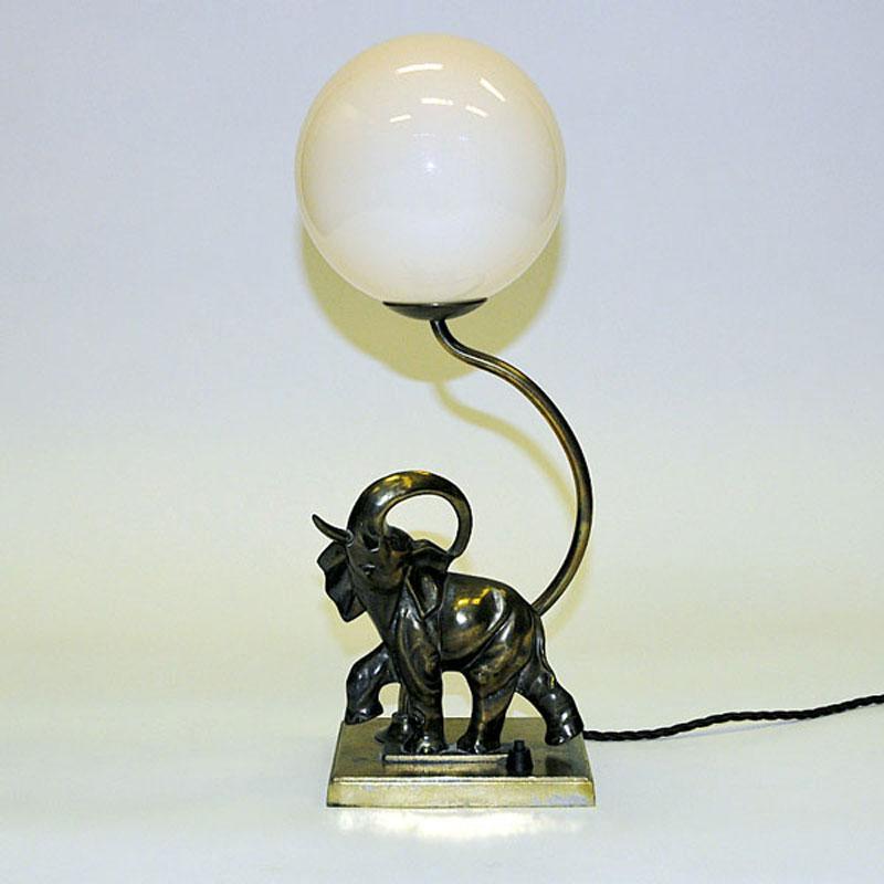 Brass Swedish Art Deco Elephant table lamp with opaline glass shade 1930s