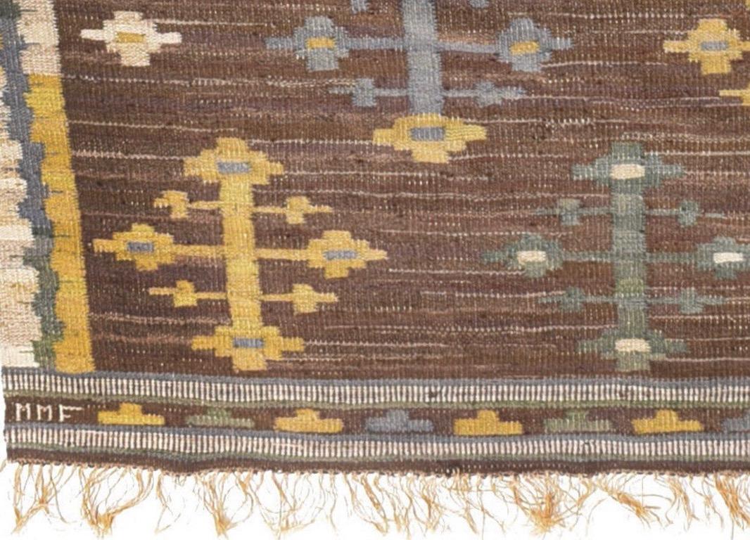 Vintage Swedish flat-weave rug wovenon linen warp, designed by Marta Maas-Fjetterström (1873-1941). 
Made in the 1930's. Signed MMF which is proof Marta made this rug during her lifetime. Love the robin egg blue and mustard color with a brown