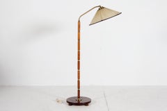 Swedish Art Deco Floor Lamp of Birch + Brass with Original Shade 1940s