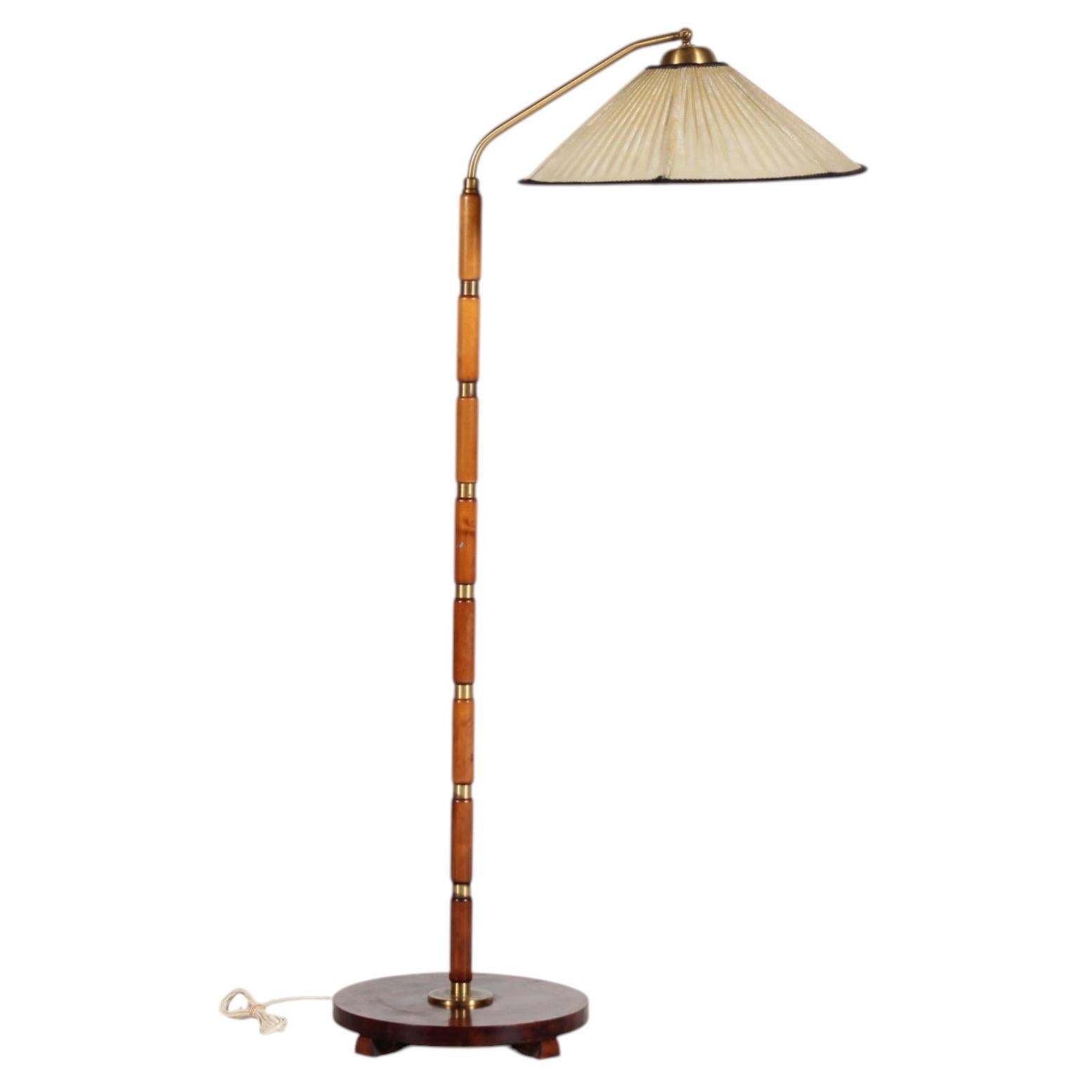 Swedish Art Deco Floor Lamp of Birch + Brass with Original Shade 1940s
