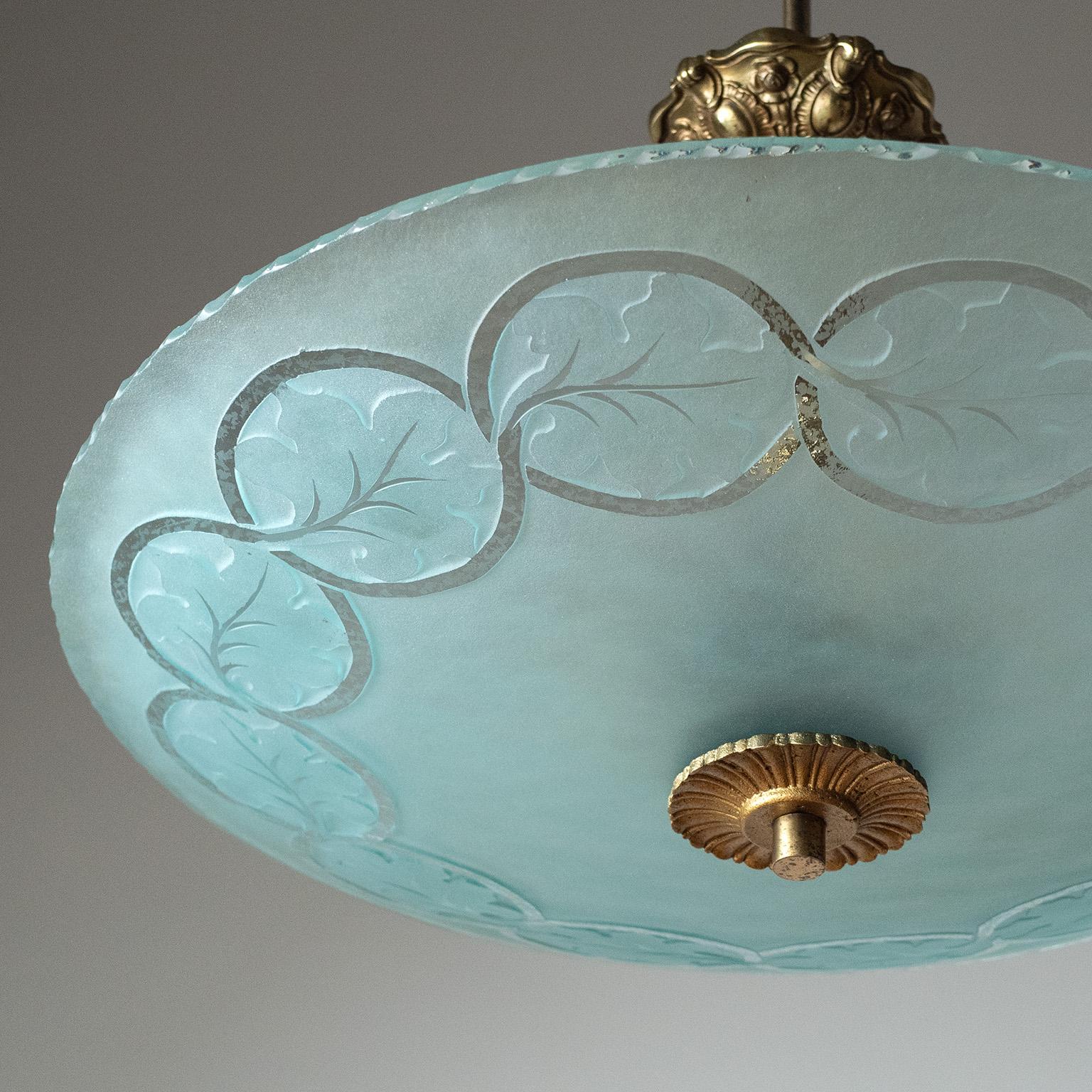 Ottone Lampadario svedese in vetro e ottone Art Deco, circa 1940 in vendita