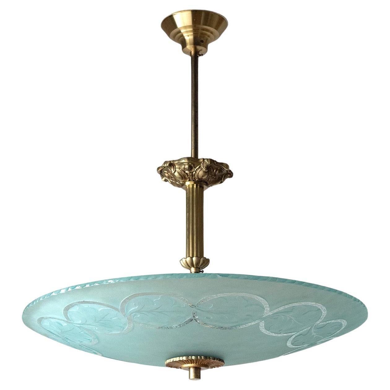 Swedish Art Deco Glass And Brass Chandelier, circa 1940