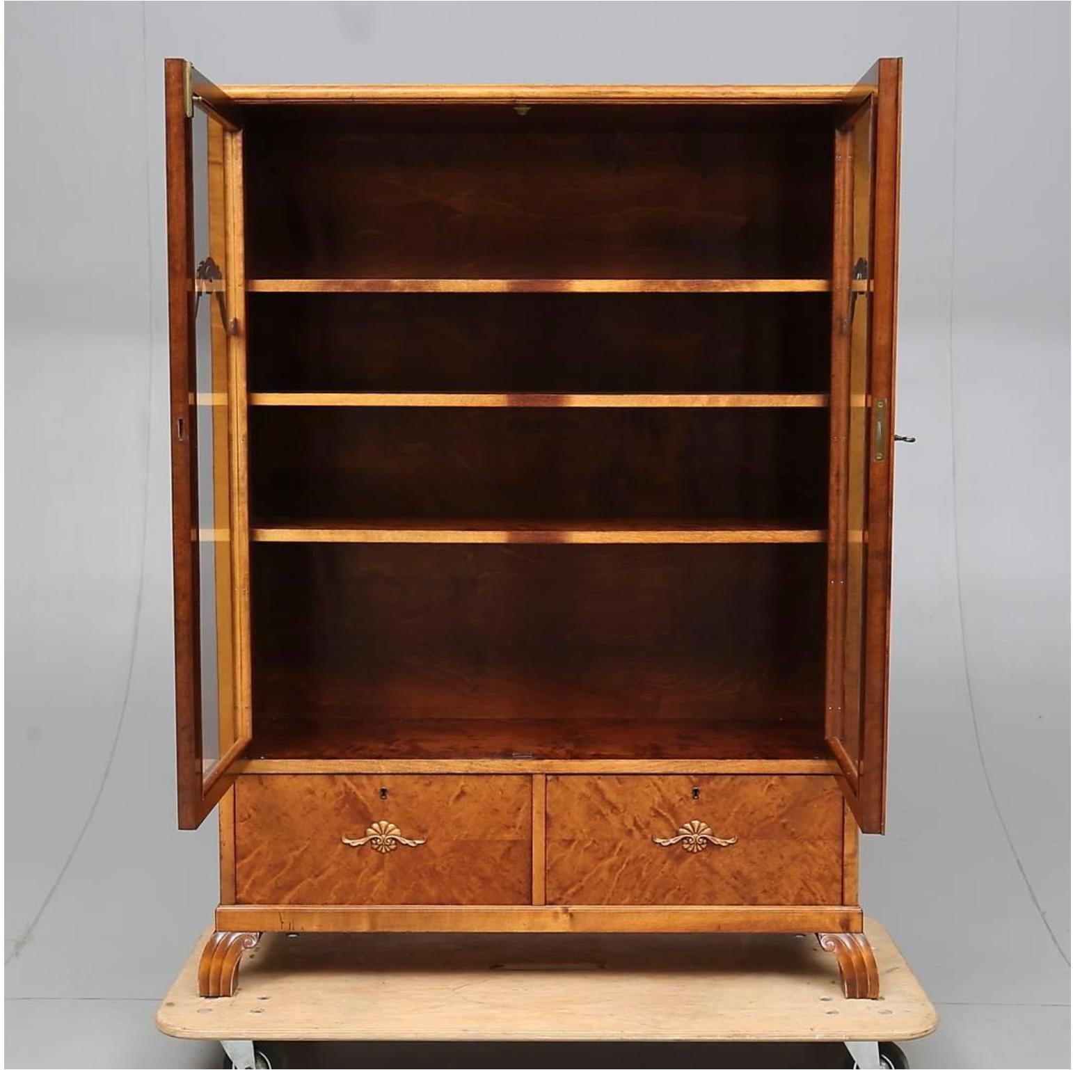 Polished Swedish Art Deco Glass Front Cabinet Marquetry Early 20th Century Vitrine A For Sale