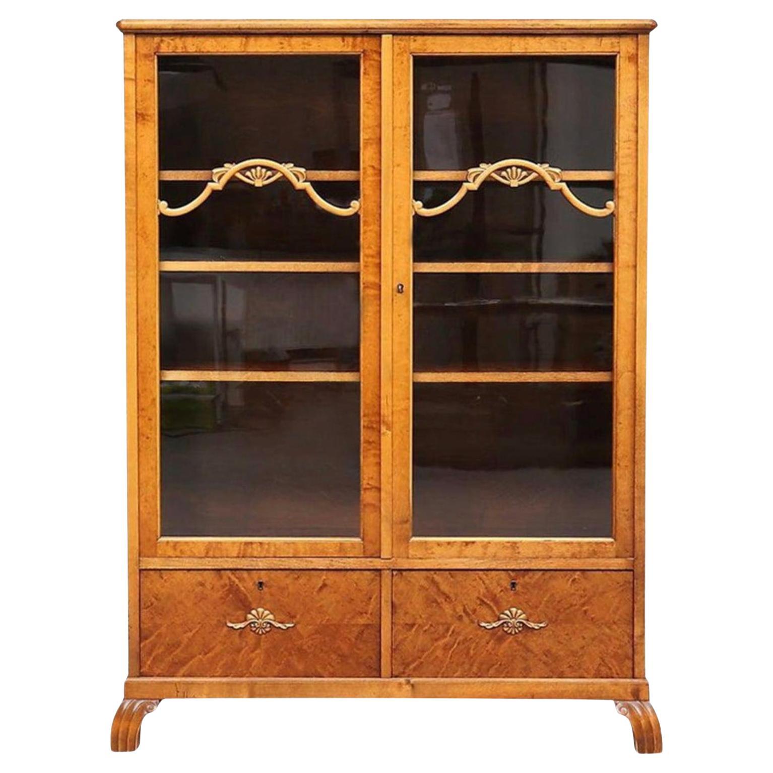 Swedish Art Deco Glass Front Cabinet Marquetry Early 20th Century Vitrine A For Sale