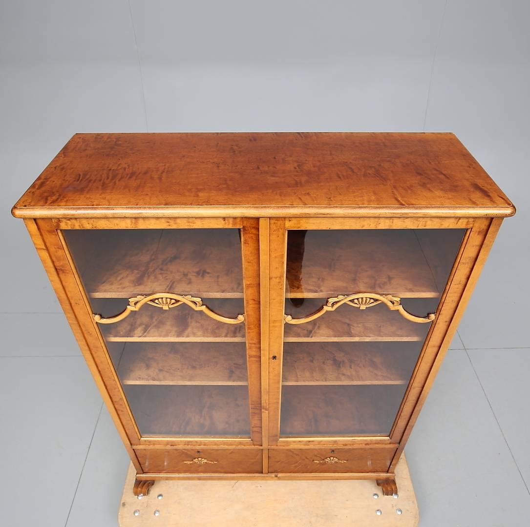 Polished Swedish Art Deco Glass Front Cabinet Marquetry Early 20th Century Vitrine For Sale