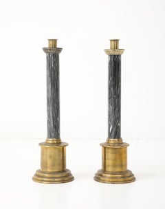 Swedish Art Deco Grey Marble, Brass Candlesticks