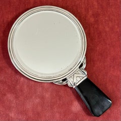 Specchio da toilette a mano in stile art déco svedese, nichel e legno, anni '30