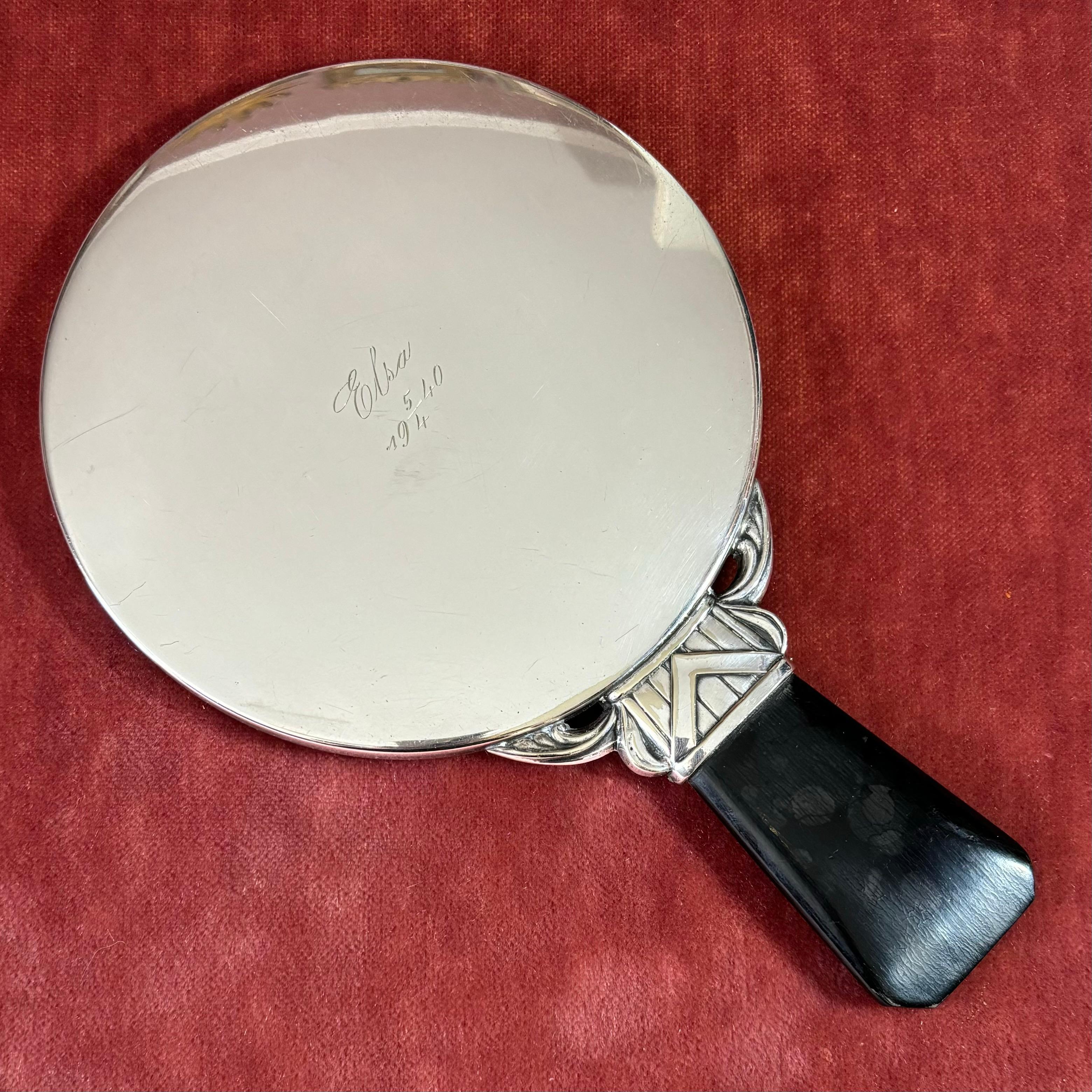Art déco Miroir de coiffeuse suédois art déco à main, argent nickel et bois, années 1930 en vente