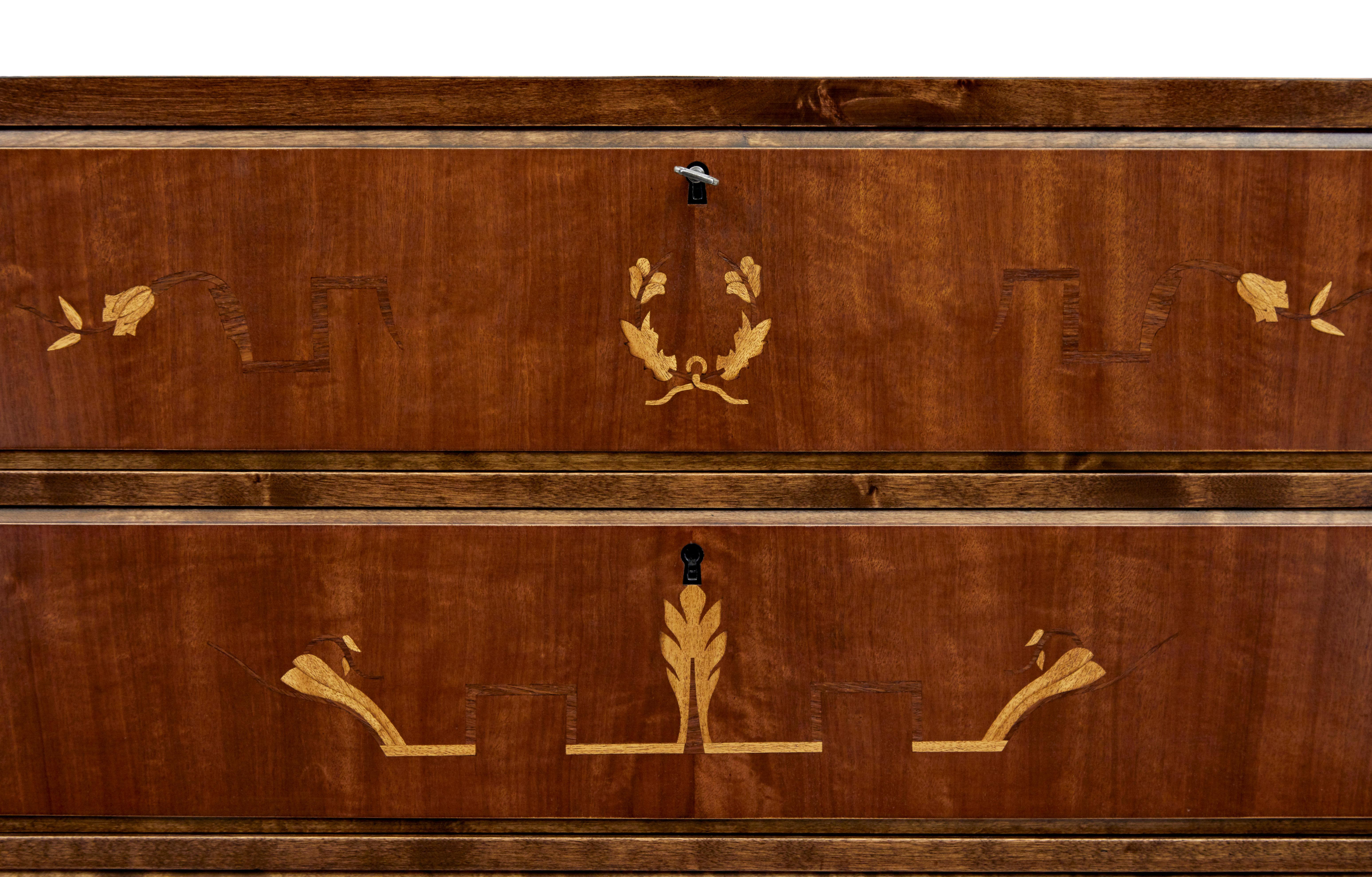 Hand-Carved Swedish art deco inlaid birch chest of drawers For Sale