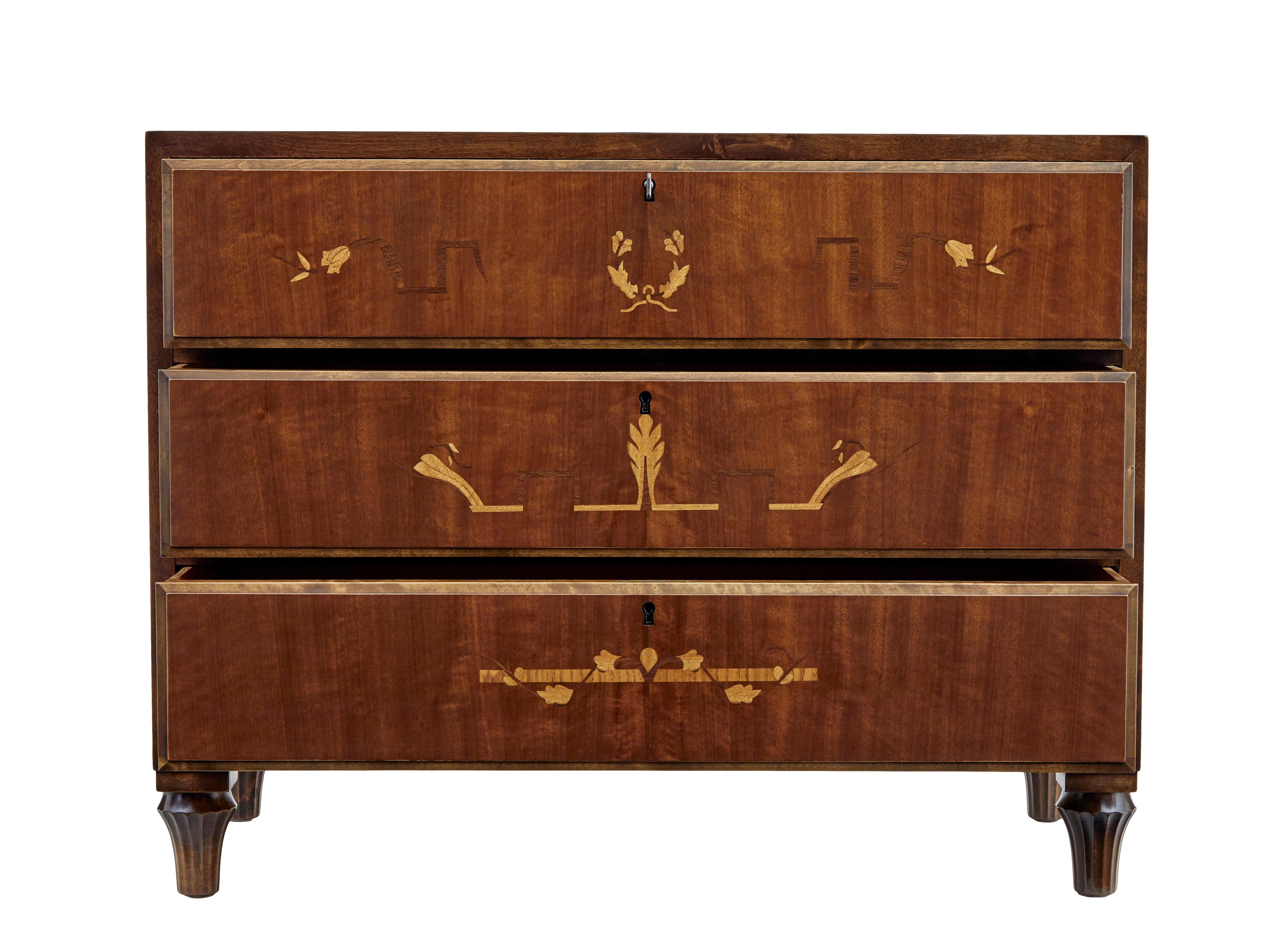 20th Century Swedish art deco inlaid birch chest of drawers For Sale
