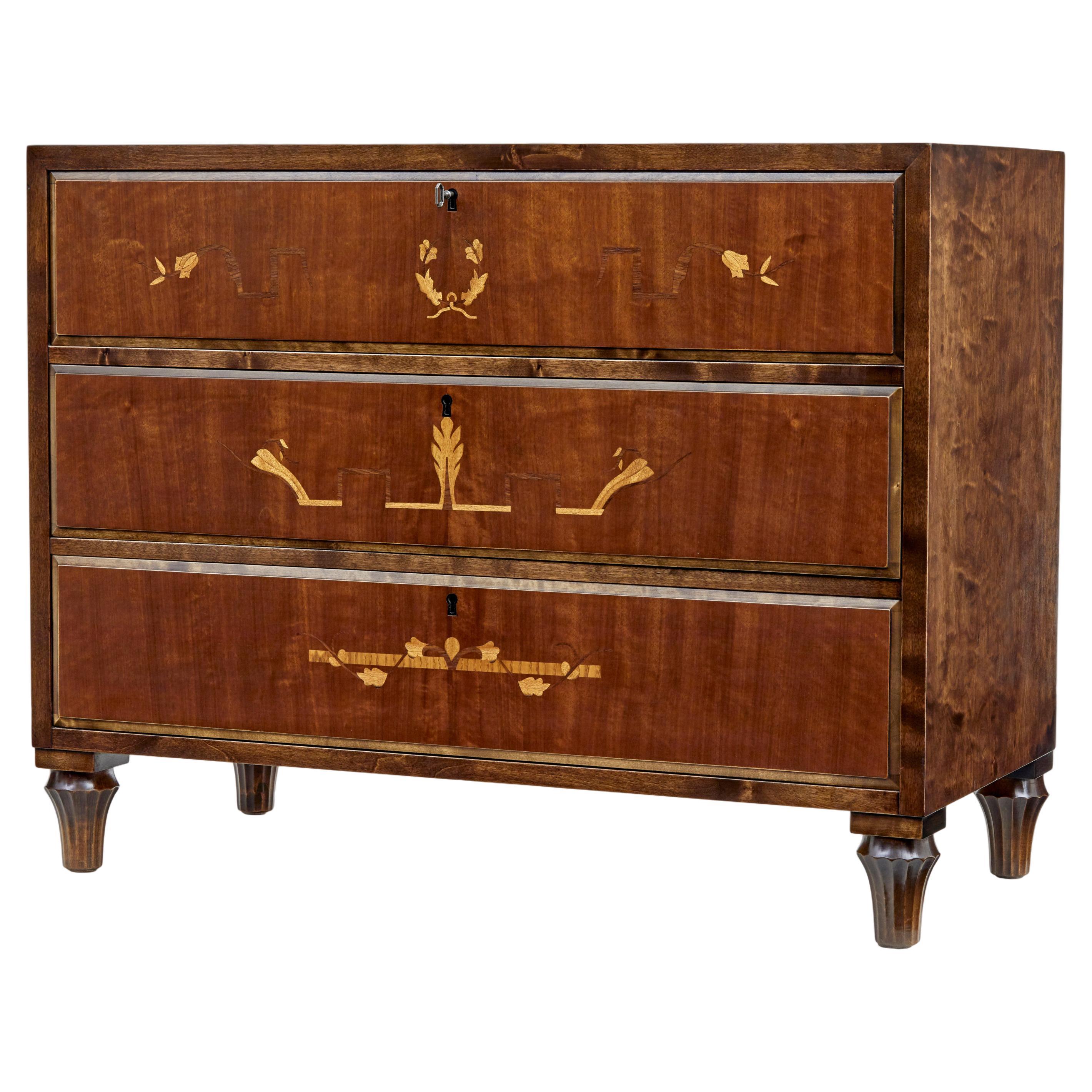 Swedish art deco inlaid birch chest of drawers For Sale