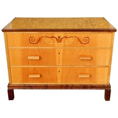 Swedish Art Deco Inlaid Chest of Drawers in Elm, Rosewood and Birch, circa 1930