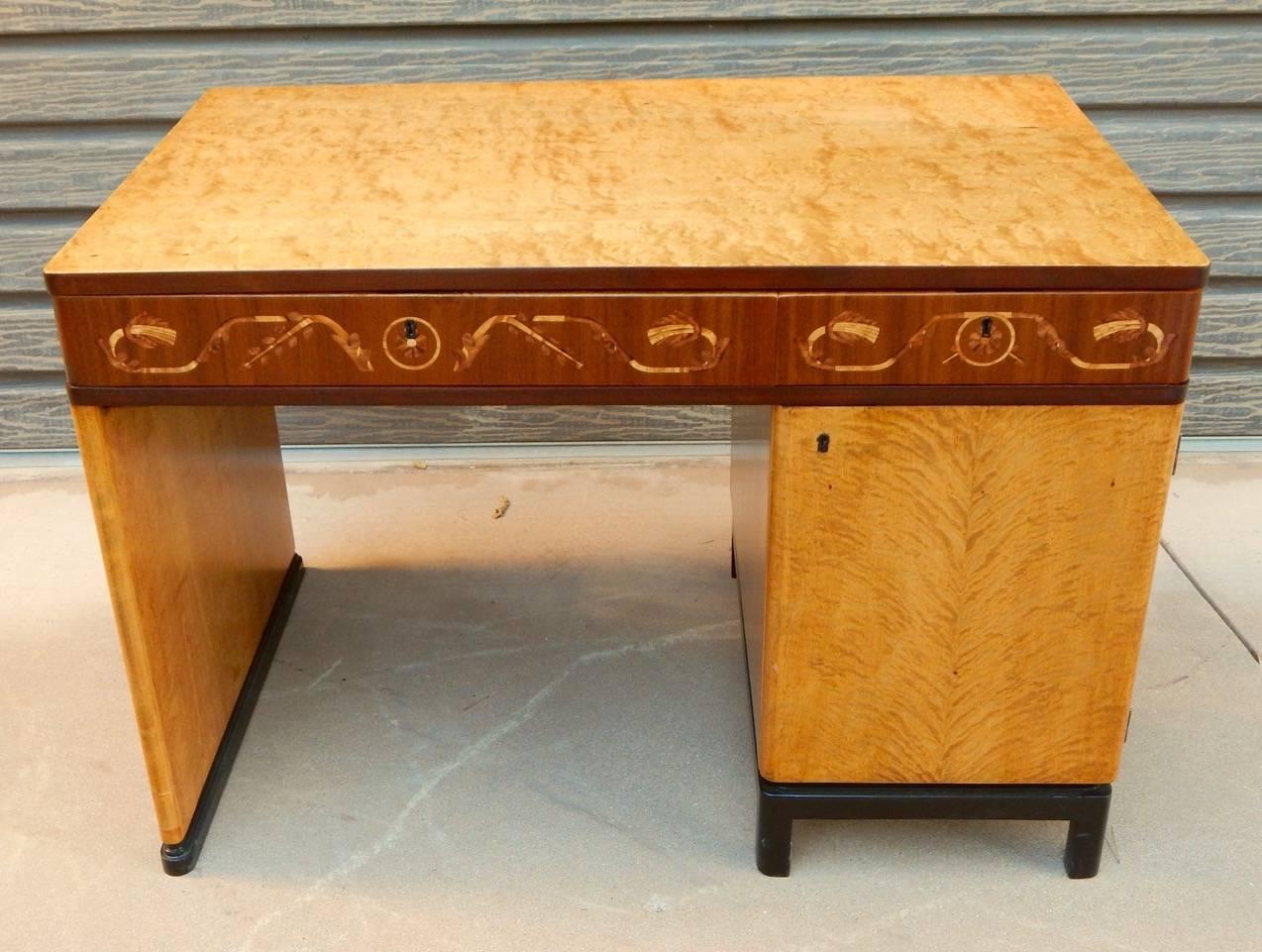 Birch Swedish Art Deco Inlaid Desk by Ferdinand Lundquist, circa 1930