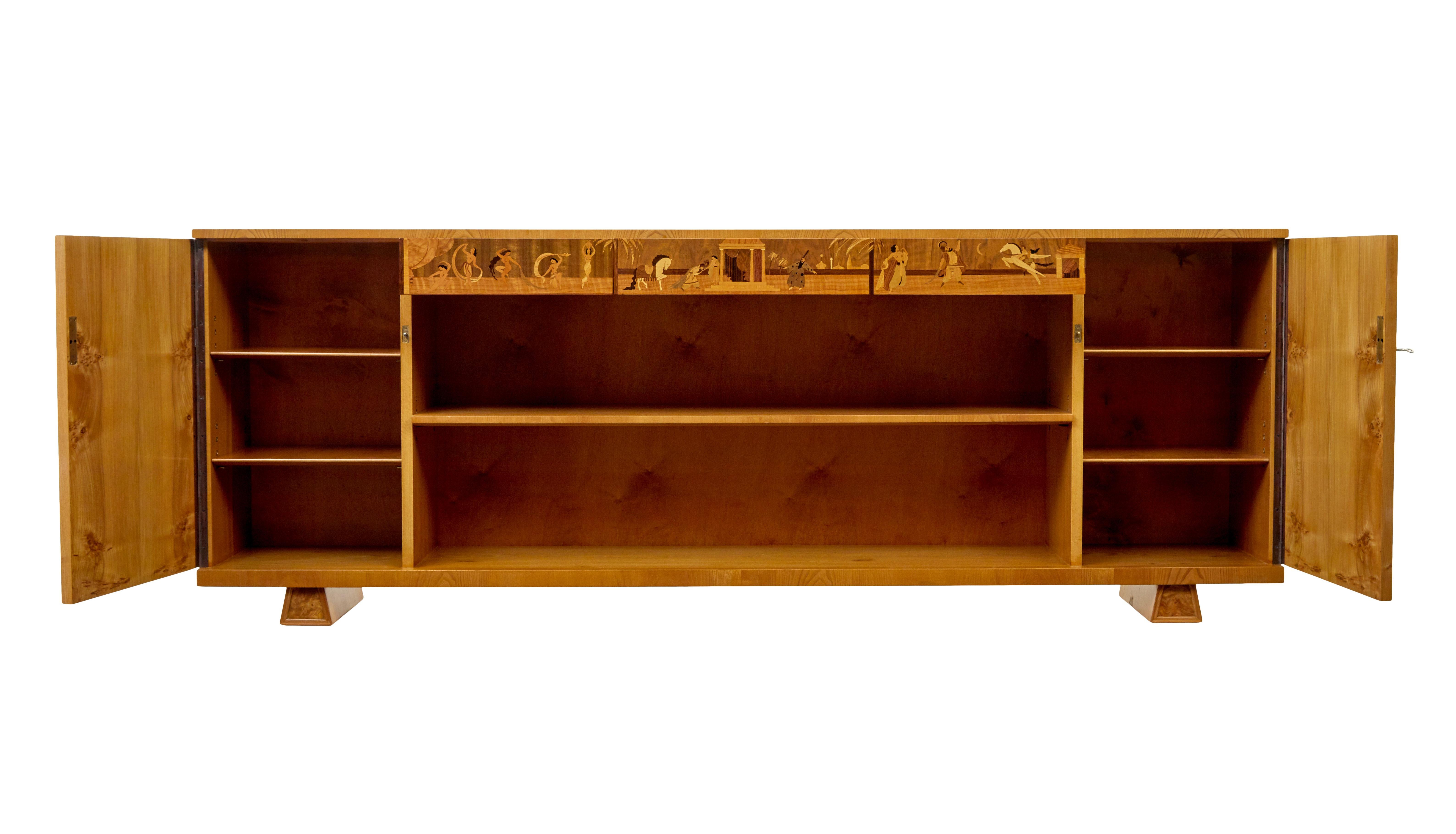 Art Deco Swedish art deco inlaid elm low bookcase by  Mjölby Intarsia