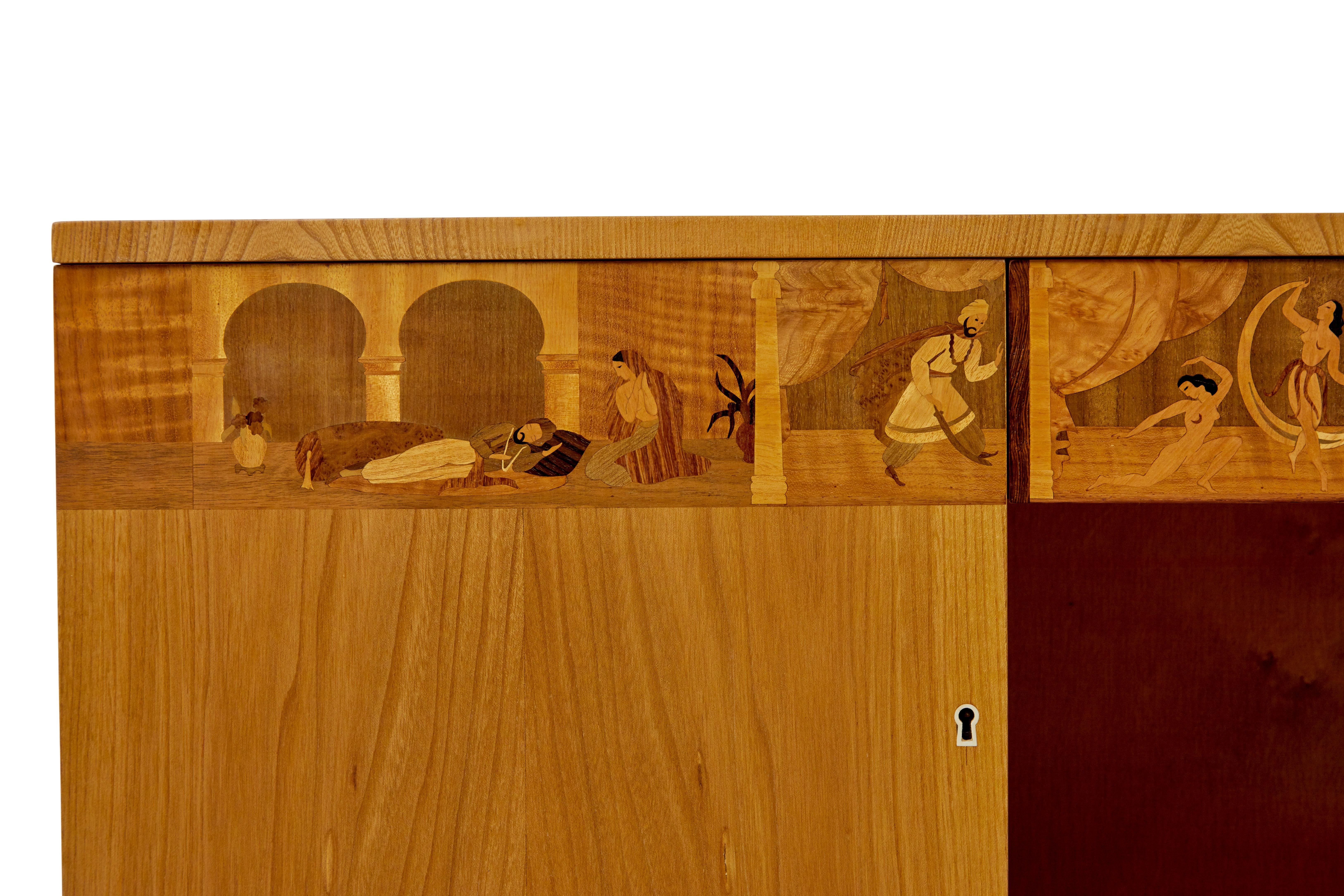 Elm Swedish art deco inlaid elm low bookcase by  Mjölby Intarsia