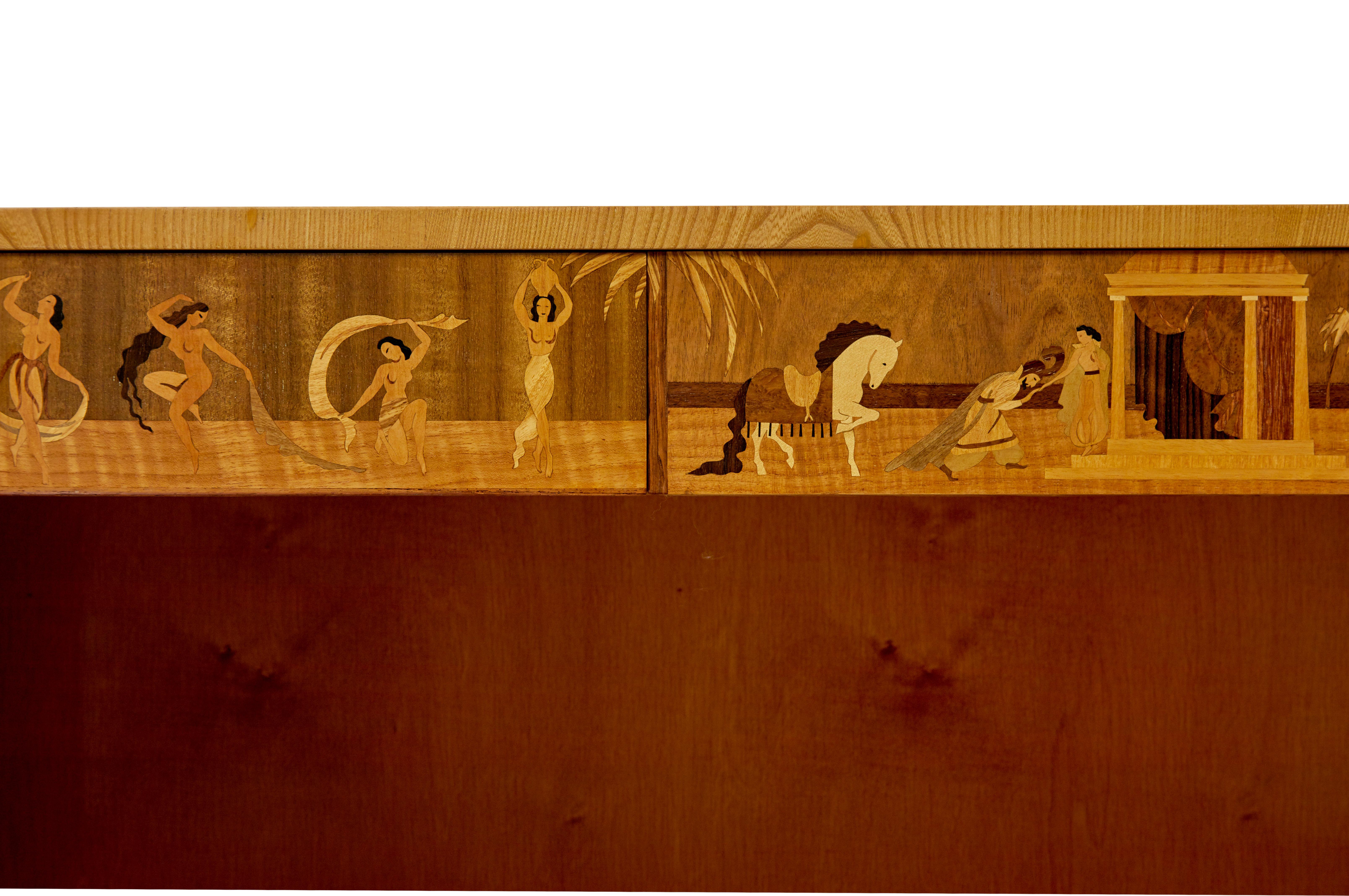 Swedish art deco inlaid elm low bookcase by  Mjölby Intarsia 1