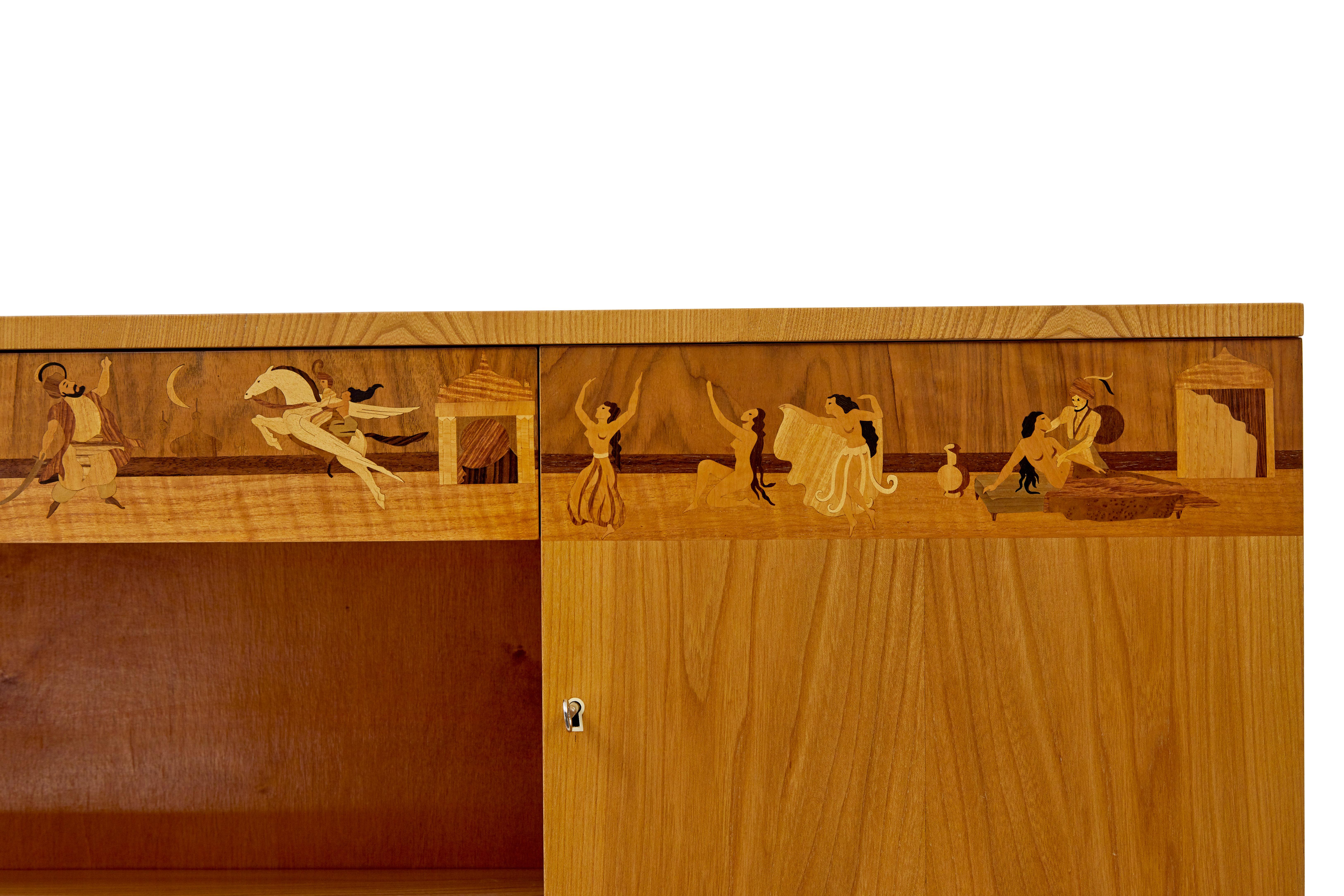 Swedish art deco inlaid elm low bookcase by  Mjölby Intarsia 2