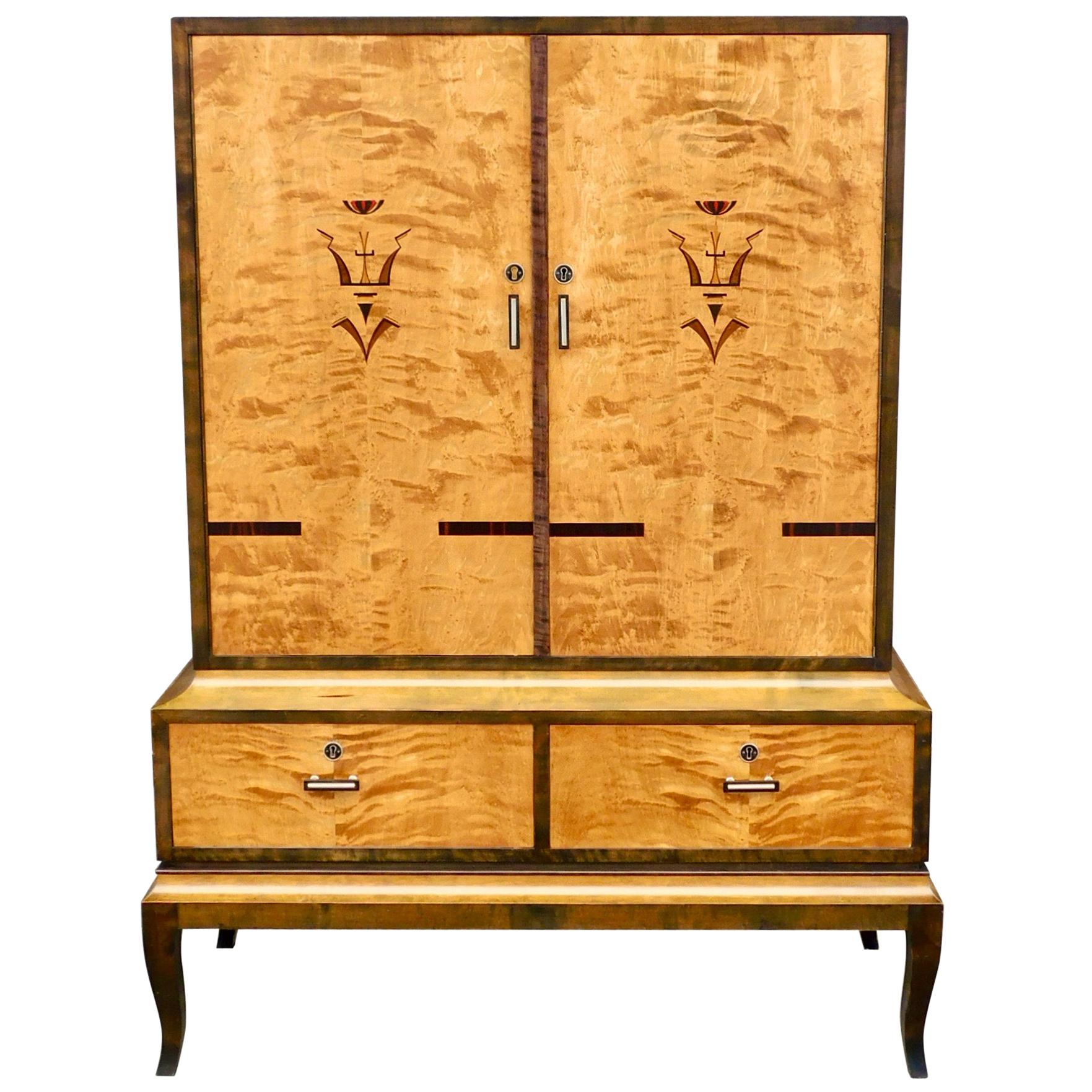 Swedish Art Deco Inlaid Storage Cabinet in Bookmatched Golden Birch, circa 1920 For Sale