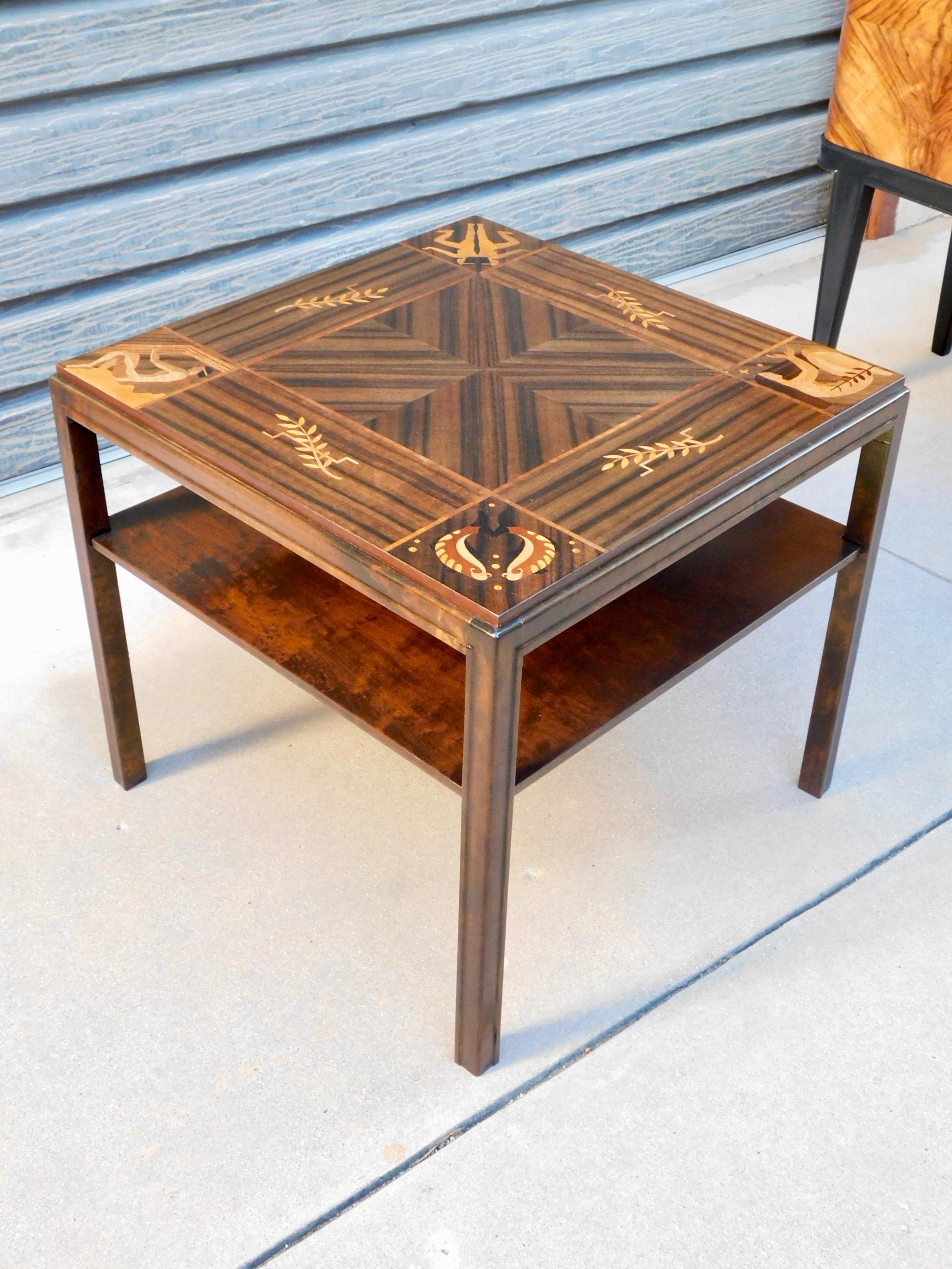 Swedish Art Deco Inlaid Zodiac Side Table in Walnut and Birch by Mjölby Intarsia For Sale 8