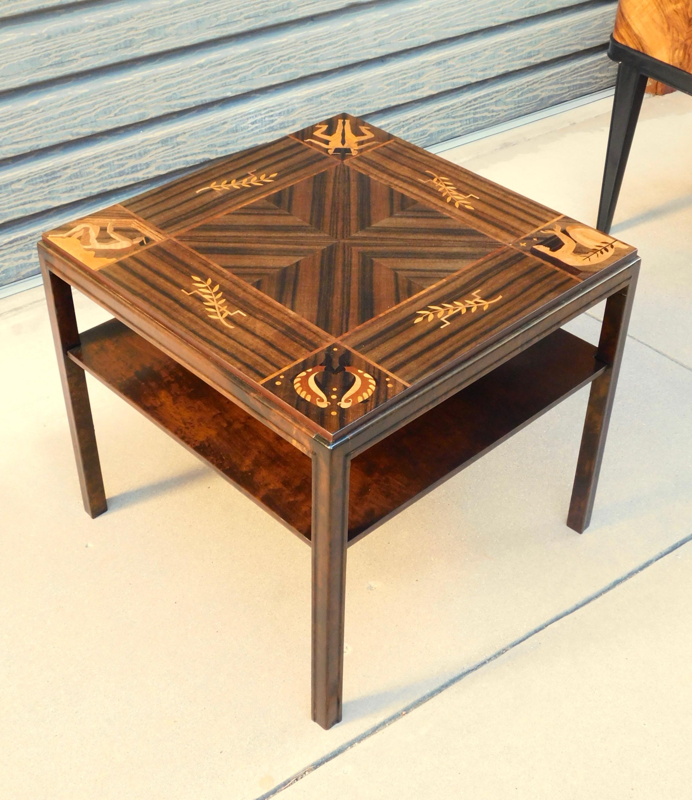 Swedish Art Deco Inlaid Zodiac Side Table in Walnut and Birch by Mjölby Intarsia For Sale 9