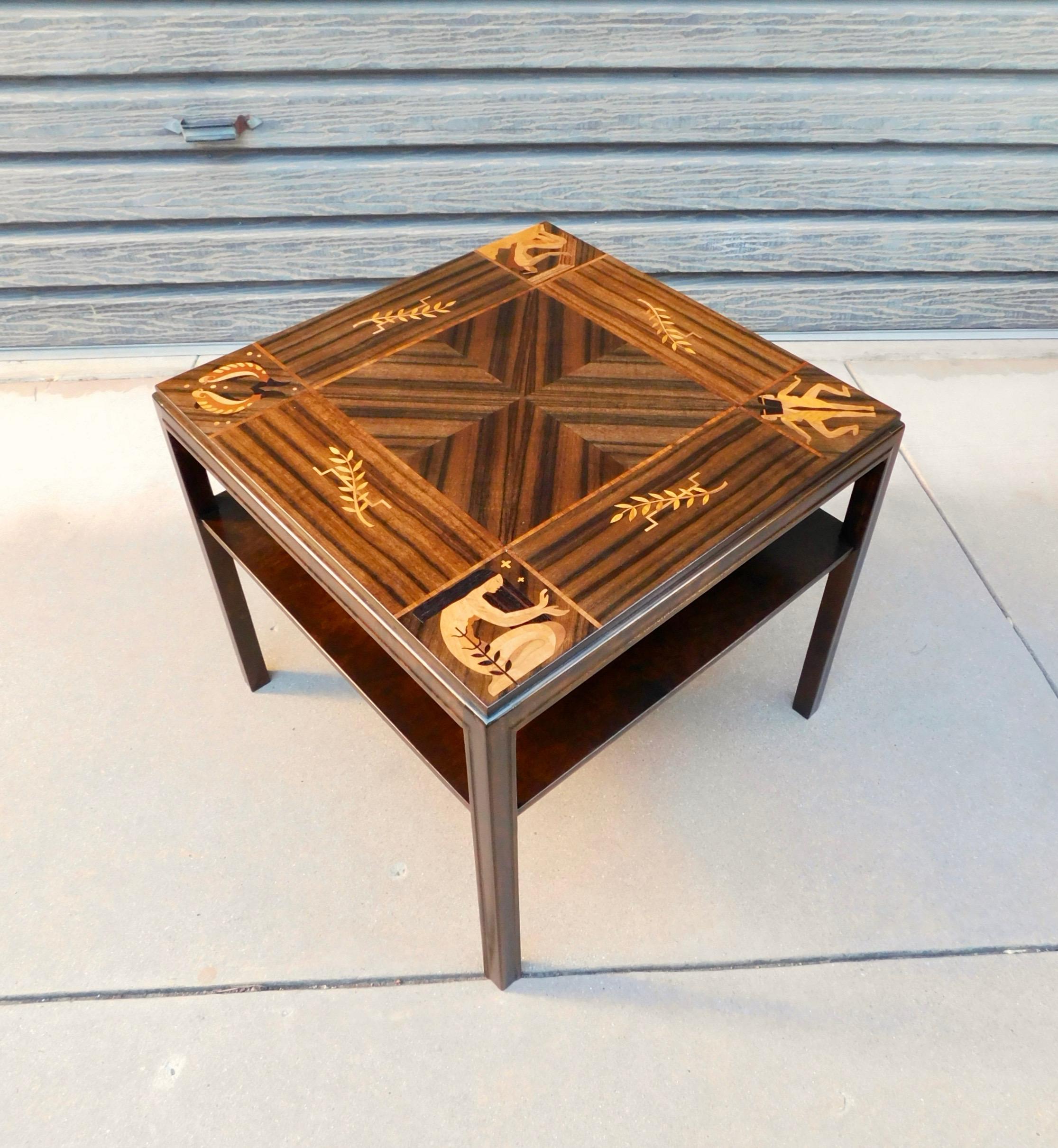 Intricately inlaid Swedish Art Deco era side table. Inlaid with zodiac theme. Present in inlaid friezes are pieces, Gemini and others! Rendered in Book matched walnut and birch wood. With inlay in rosewood, ebony, birch root and pear. Made at Mjölby