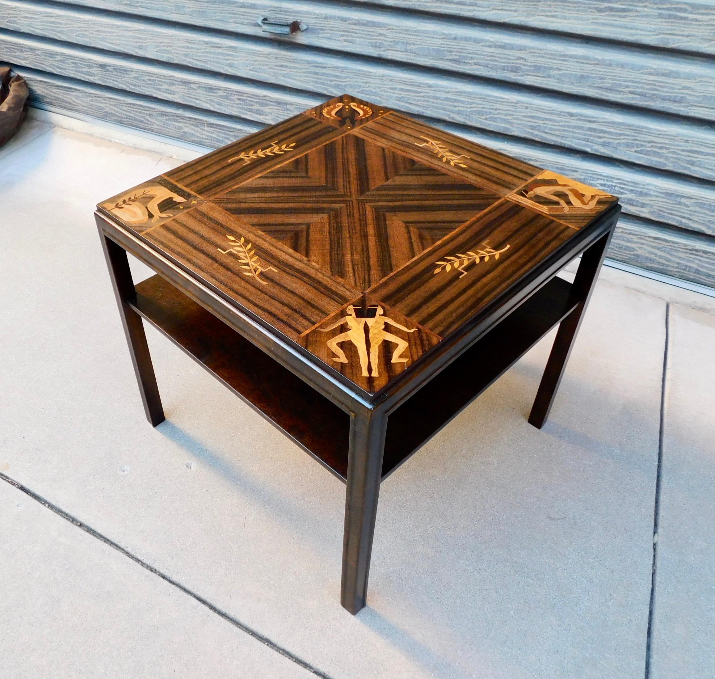 Swedish Art Deco Inlaid Zodiac Side Table in Walnut and Birch by Mjölby Intarsia In Good Condition For Sale In Richmond, VA