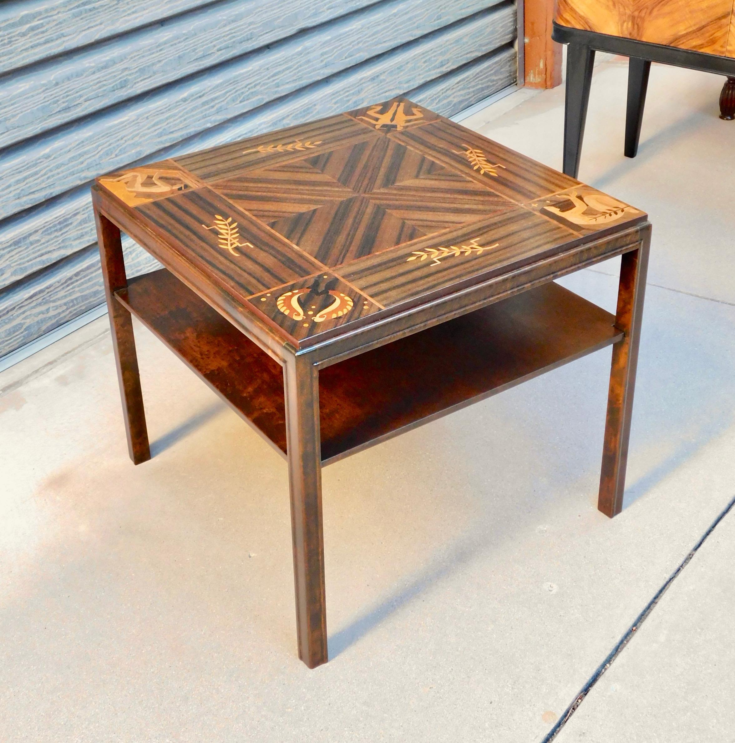 Swedish Art Deco Inlaid Zodiac Side Table in Walnut and Birch by Mjölby Intarsia For Sale 1