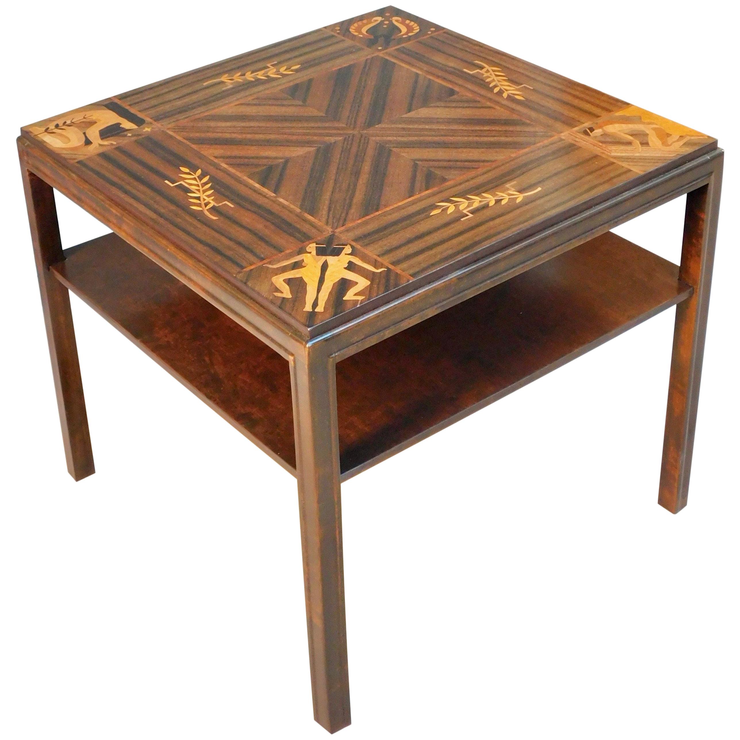 Swedish Art Deco Inlaid Zodiac Side Table in Walnut and Birch by Mjölby Intarsia For Sale