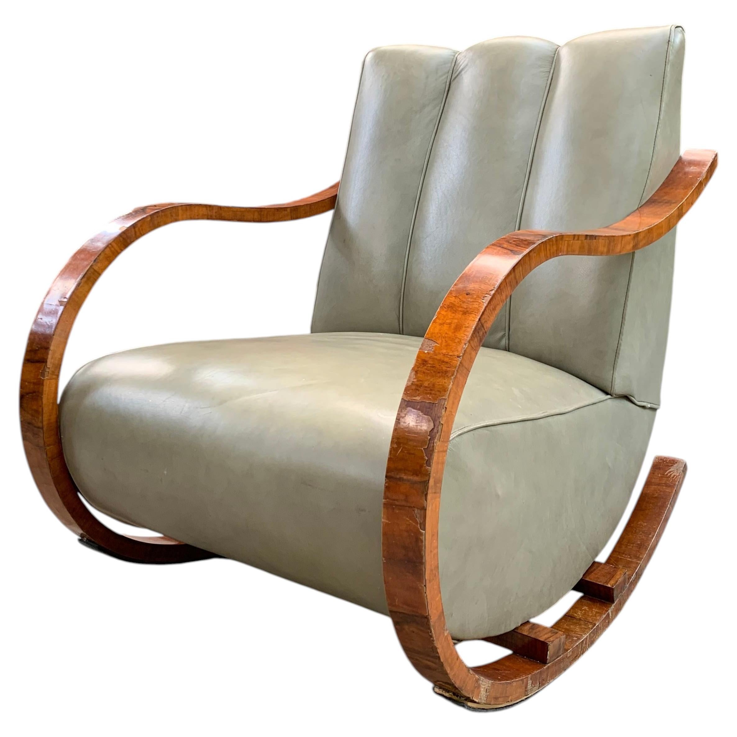 Fauteuil à bascule suédois en cuir Art déco, années 1930 en vente