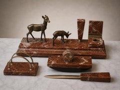 Swedish Art Deco Marble and Bronze Desk Set with Deer Figures, 1930s