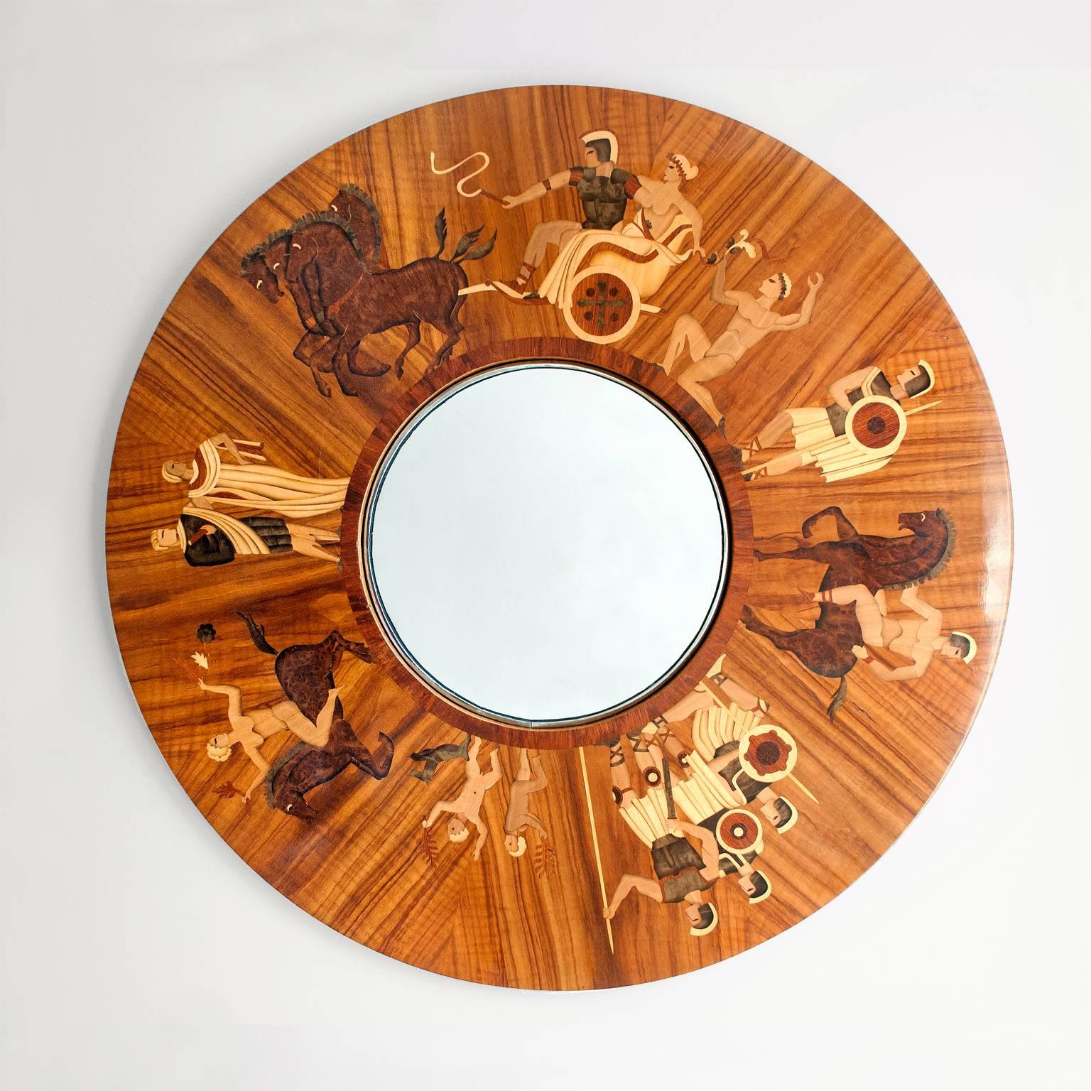 Delightful figural wood marquetry Art Deco wall mirror made in Sweden by Mjolby Intarsia and designed by Birger Ekman. Mjolby Intarsia was renowned for its brilliant marquetry craftsmanship. The firm also provided work for NK in Stockholm and were