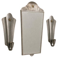 Swedish Art Deco Mirror & Pair of GAB Svenskt Pewter Wall Sconces, 1930s