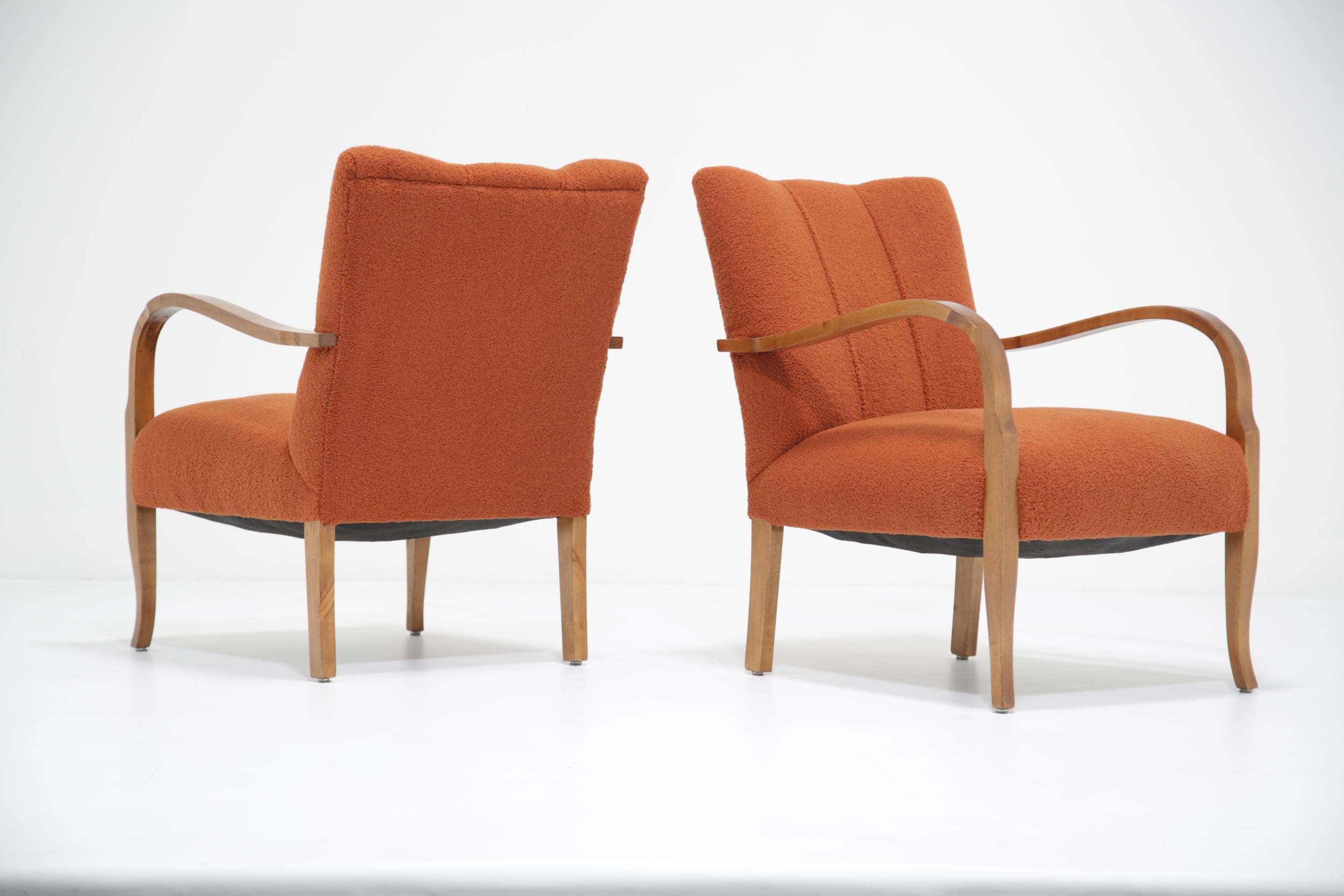 Polished Swedish Art Deco Pair of Terracotta Brown Boucle Armchairs, 1930s. For Sale