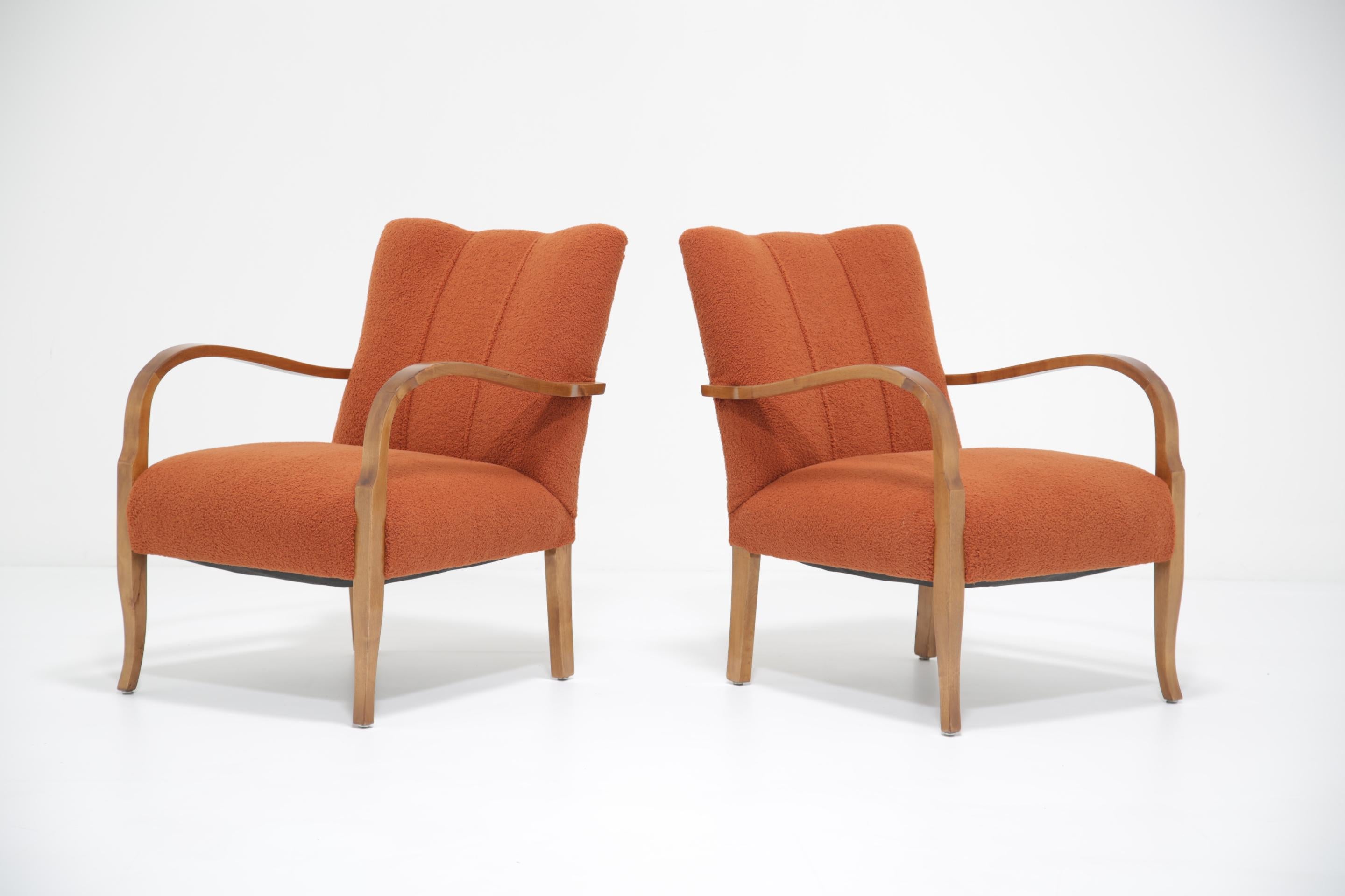 20th Century Swedish Art Deco Pair of Terracotta Brown Boucle Armchairs, 1930s. For Sale