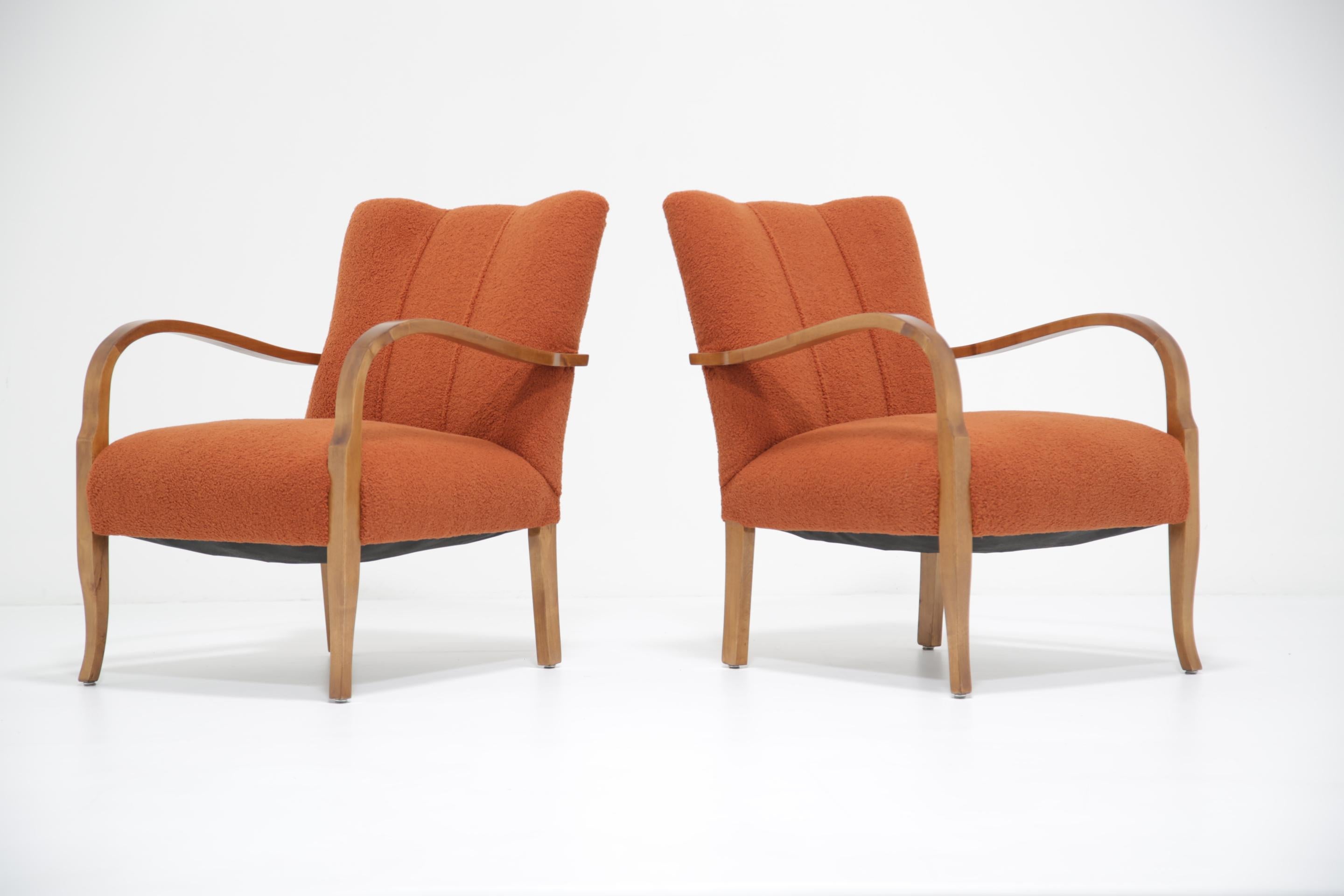 Bouclé Swedish Art Deco Pair of Terracotta Brown Boucle Armchairs, 1930s. For Sale