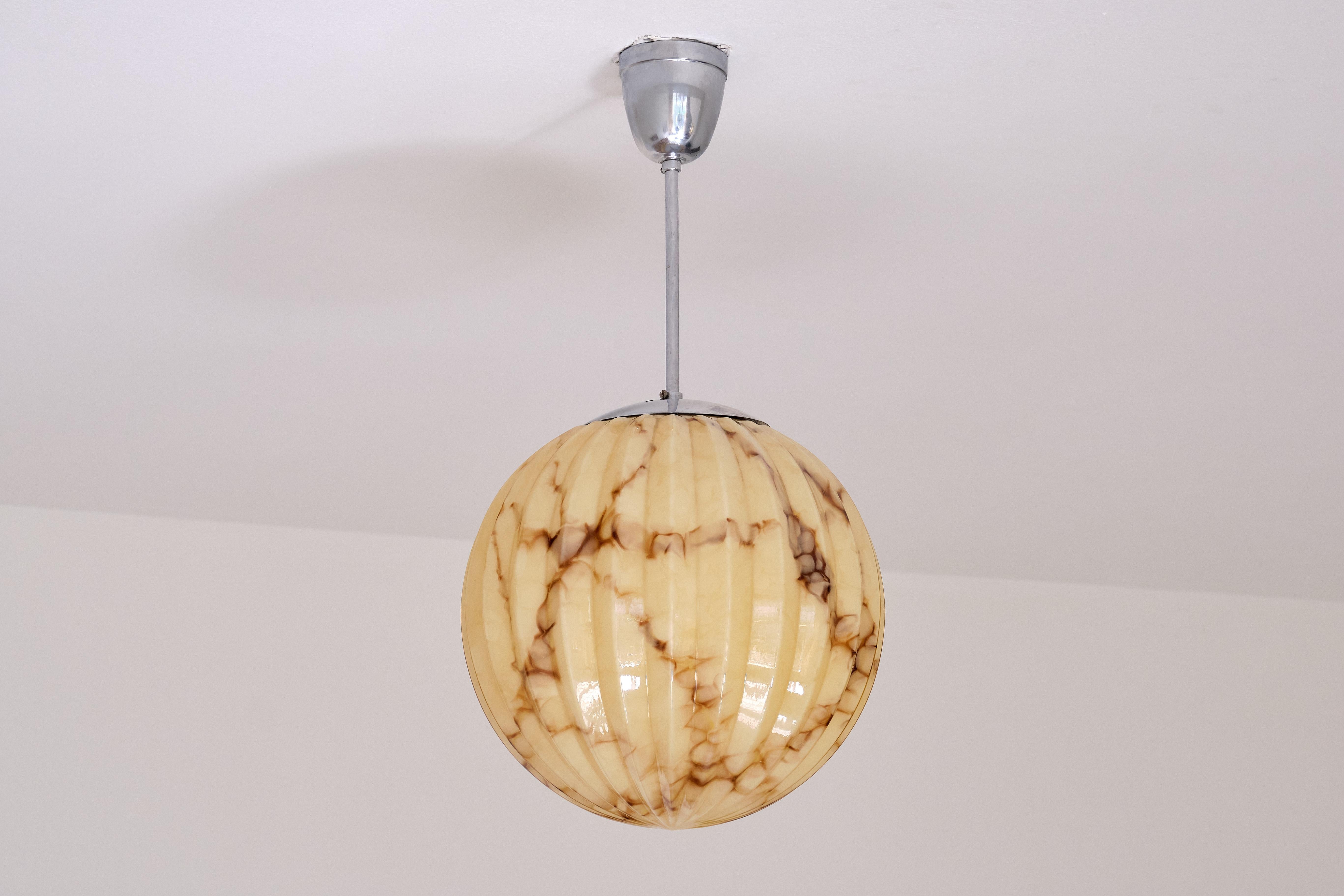 Swedish Art Deco Pendant Light in Ribbed, Marbled Glass and Nickel, 1930s 5