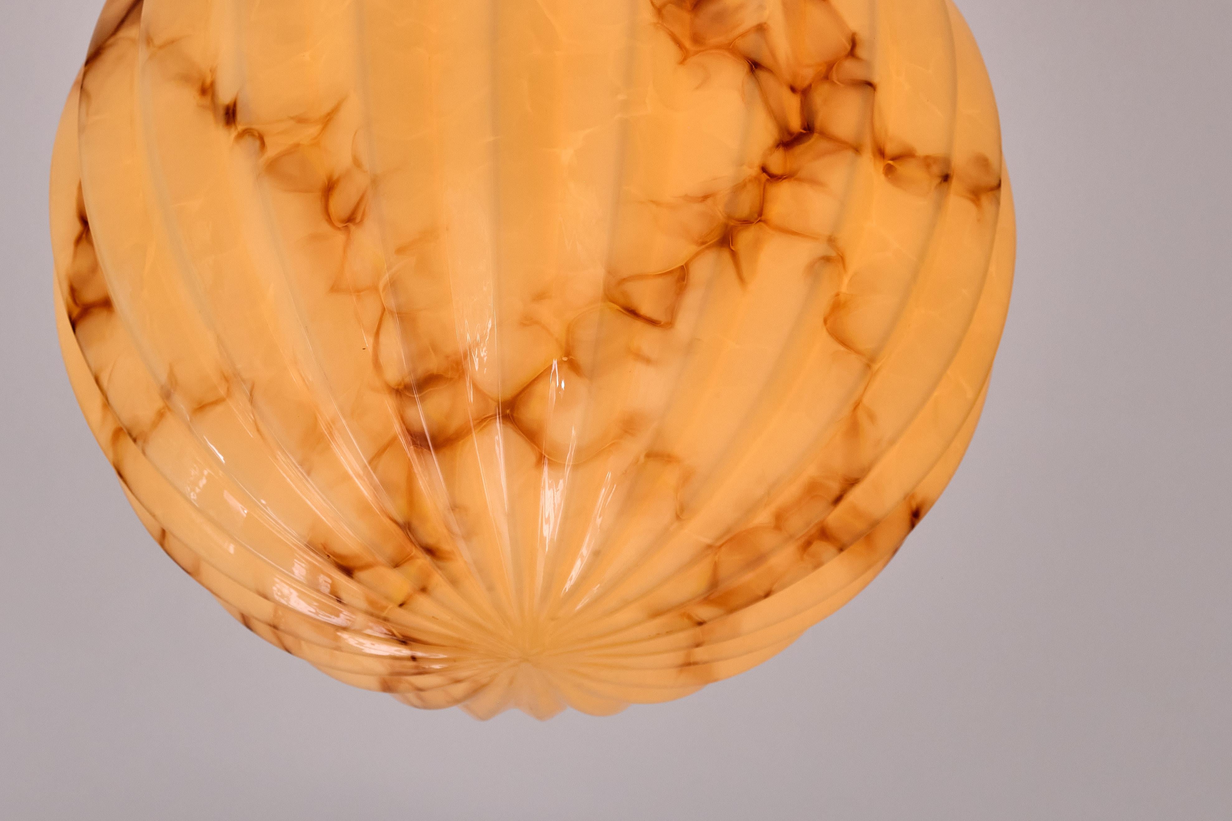 Swedish Art Deco Pendant Light in Ribbed, Marbled Glass and Nickel, 1930s 1