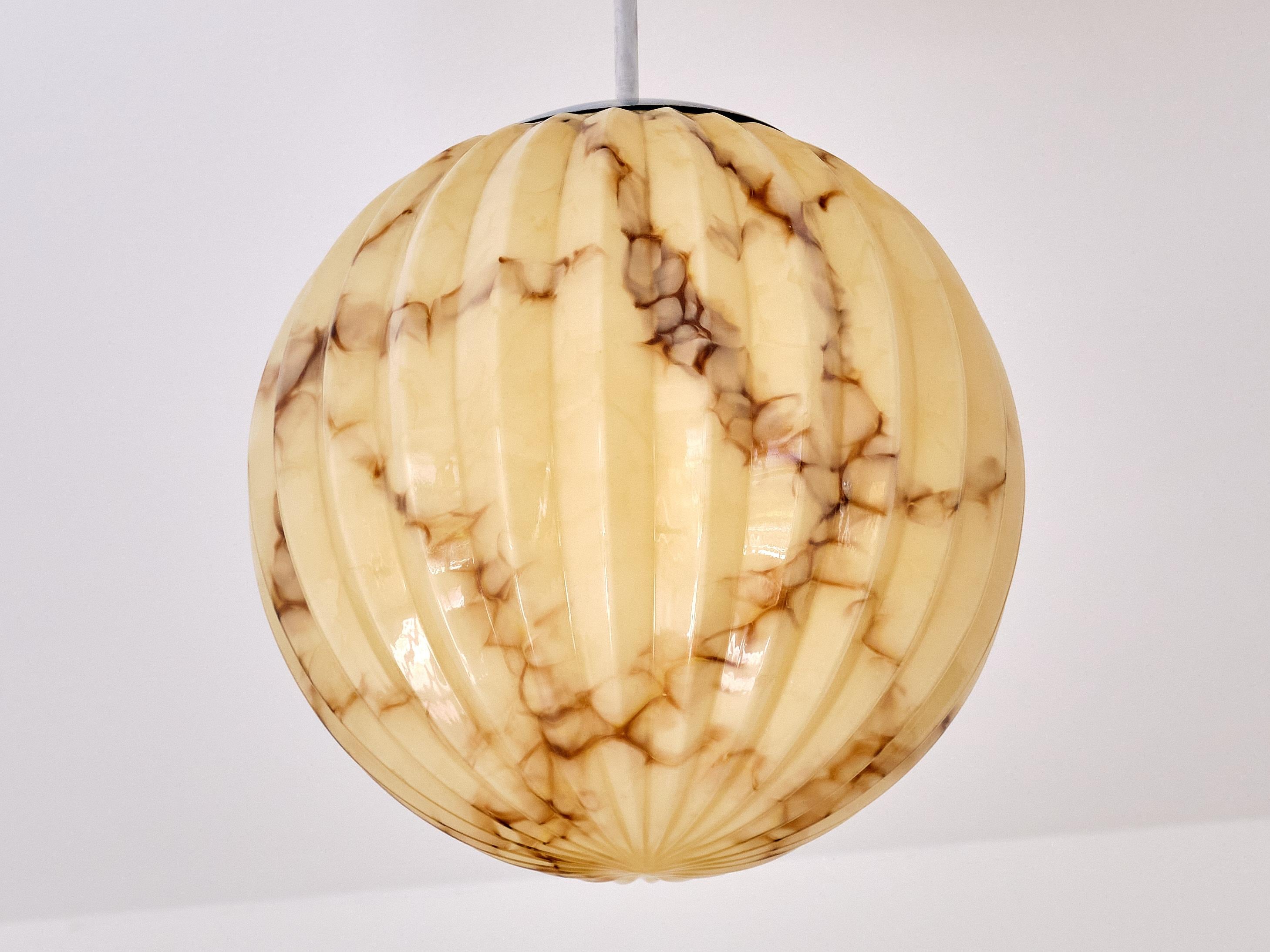 Swedish Art Deco Pendant Light in Ribbed, Marbled Glass and Nickel, 1930s 3