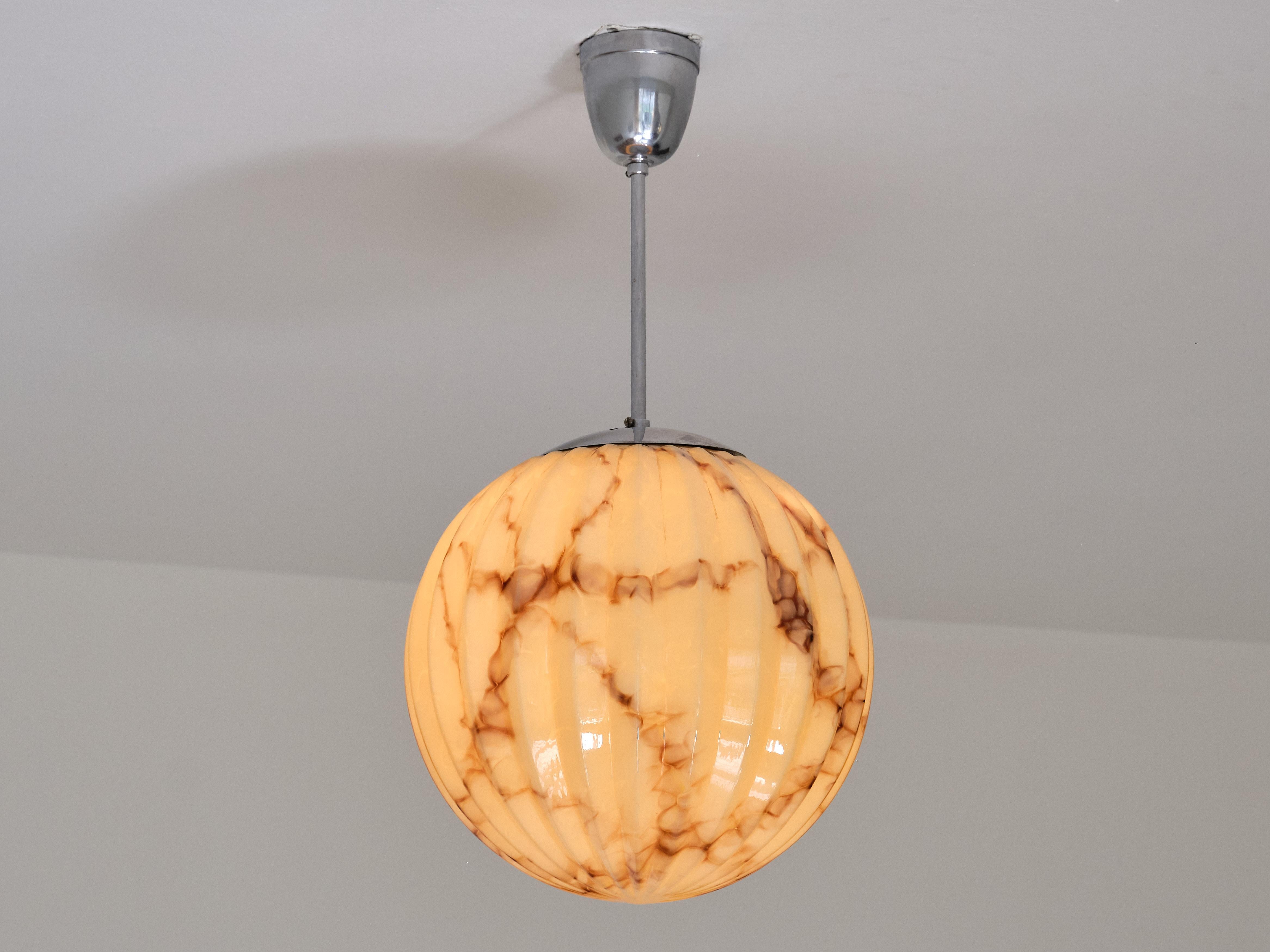 Swedish Art Deco Pendant Light in Ribbed, Marbled Glass and Nickel, 1930s 4