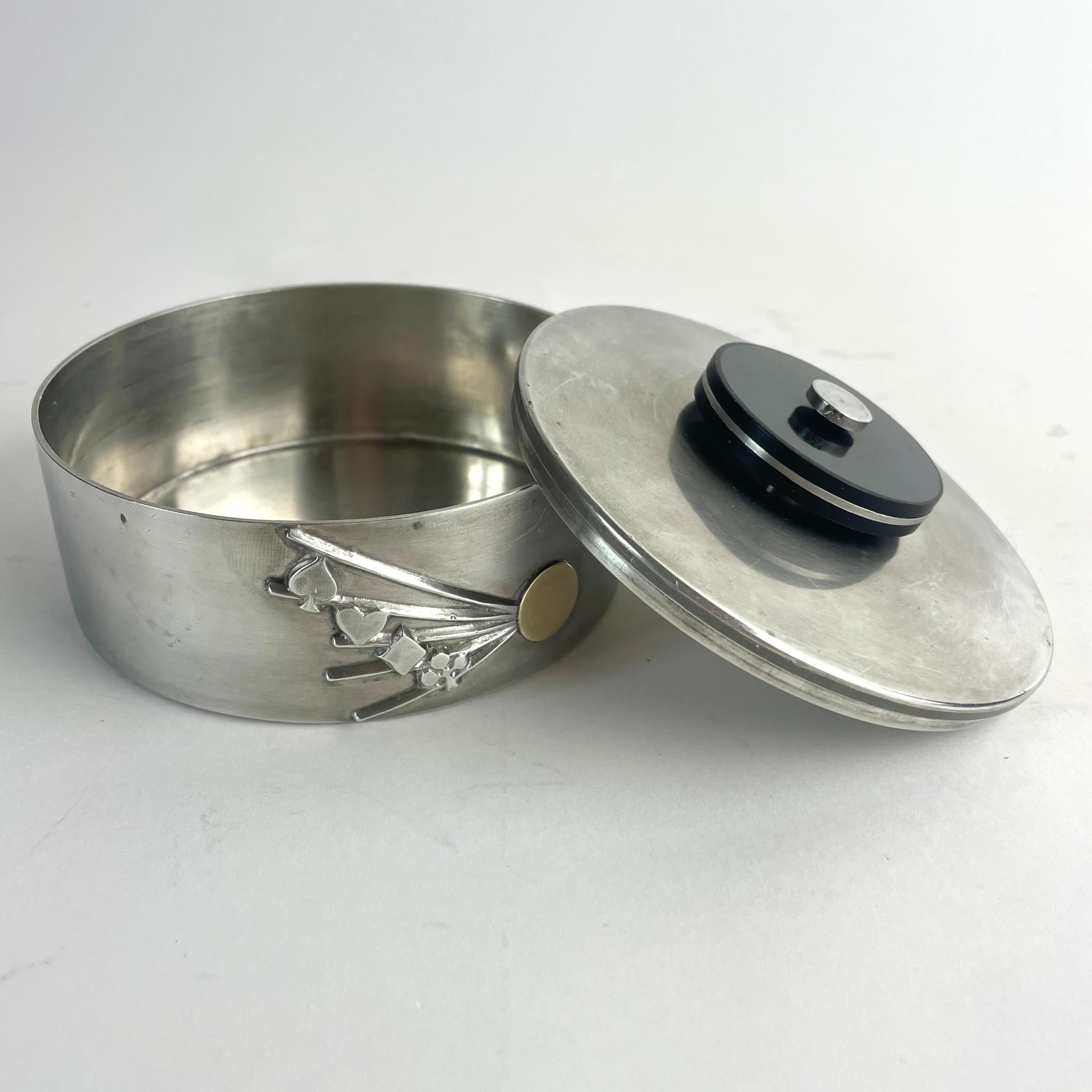 Swedish Art Deco Pewter, Bakelite, and Brass Lidded Box by GAB, 1935 For Sale 6