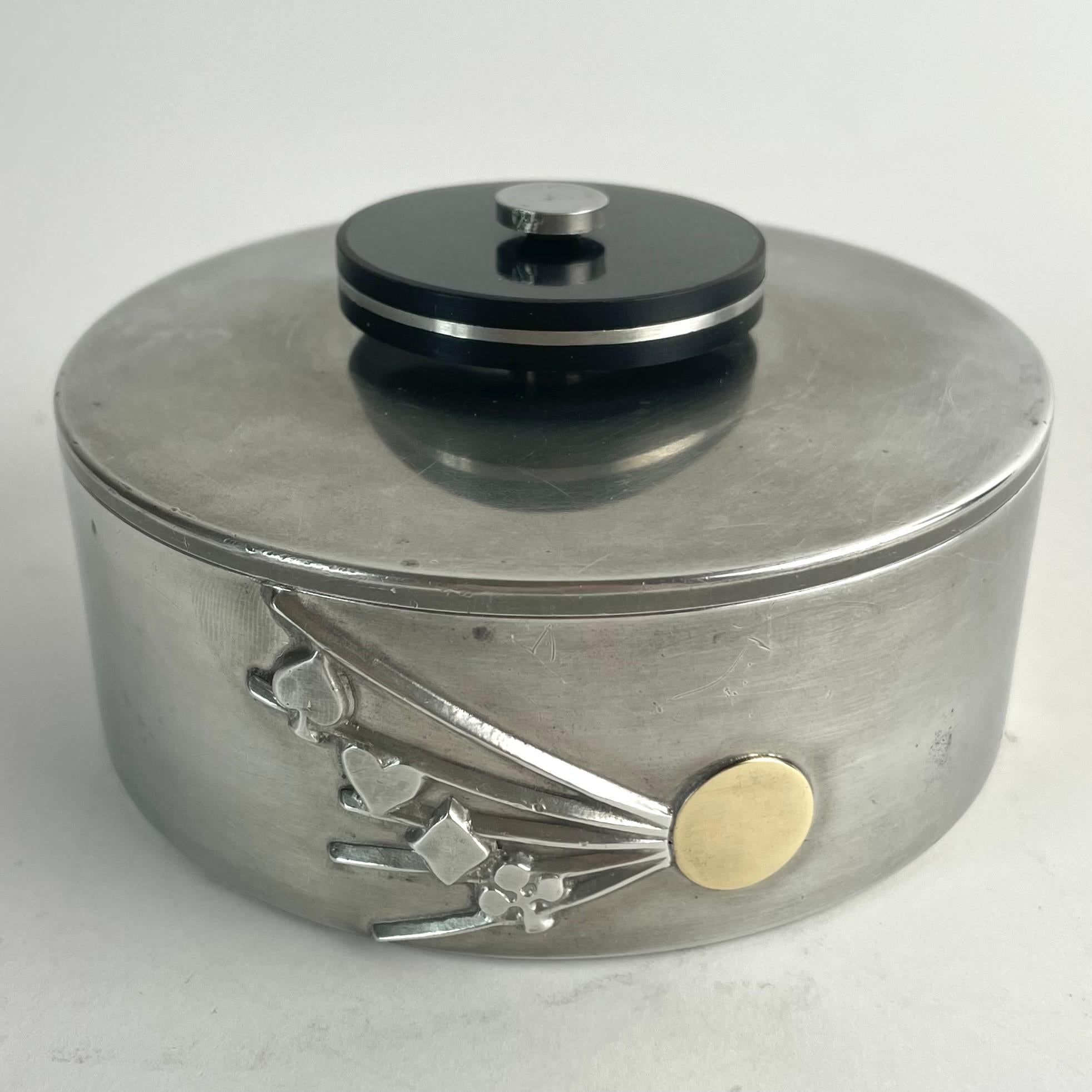 Mid-20th Century Swedish Art Deco Pewter, Bakelite, and Brass Lidded Box by GAB, 1935 For Sale