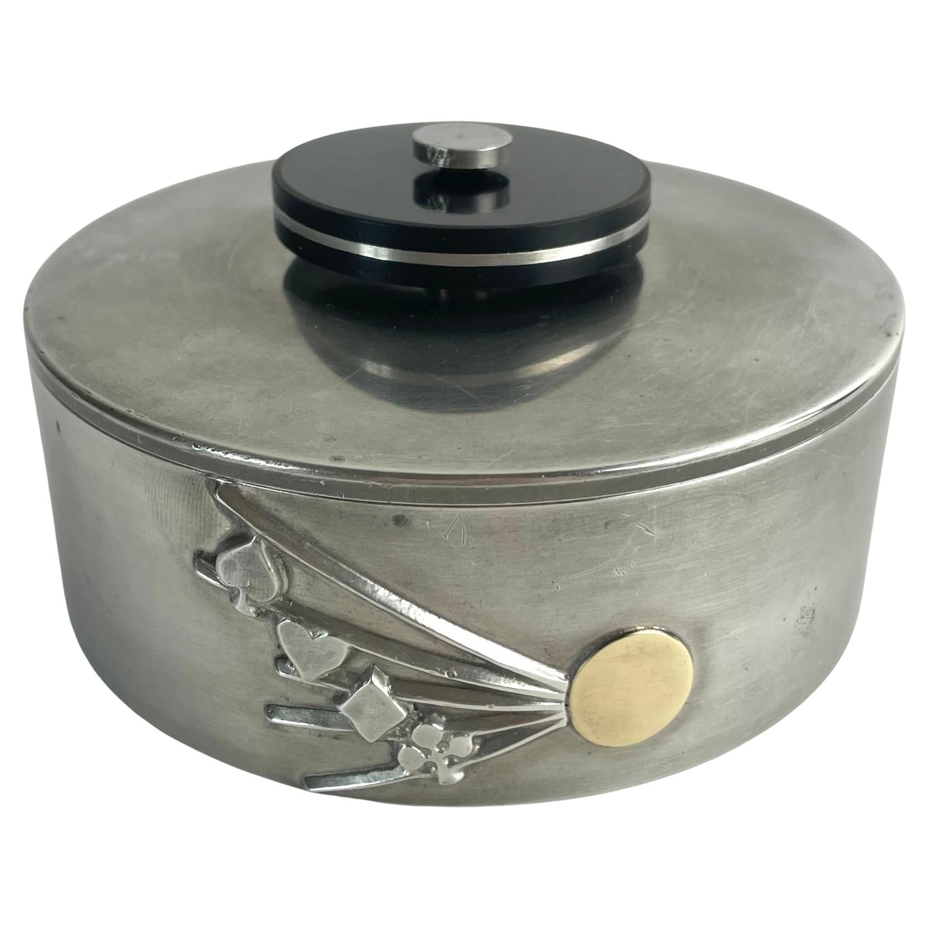 Swedish Art Deco Pewter, Bakelite, and Brass Lidded Box by GAB, 1935 For Sale