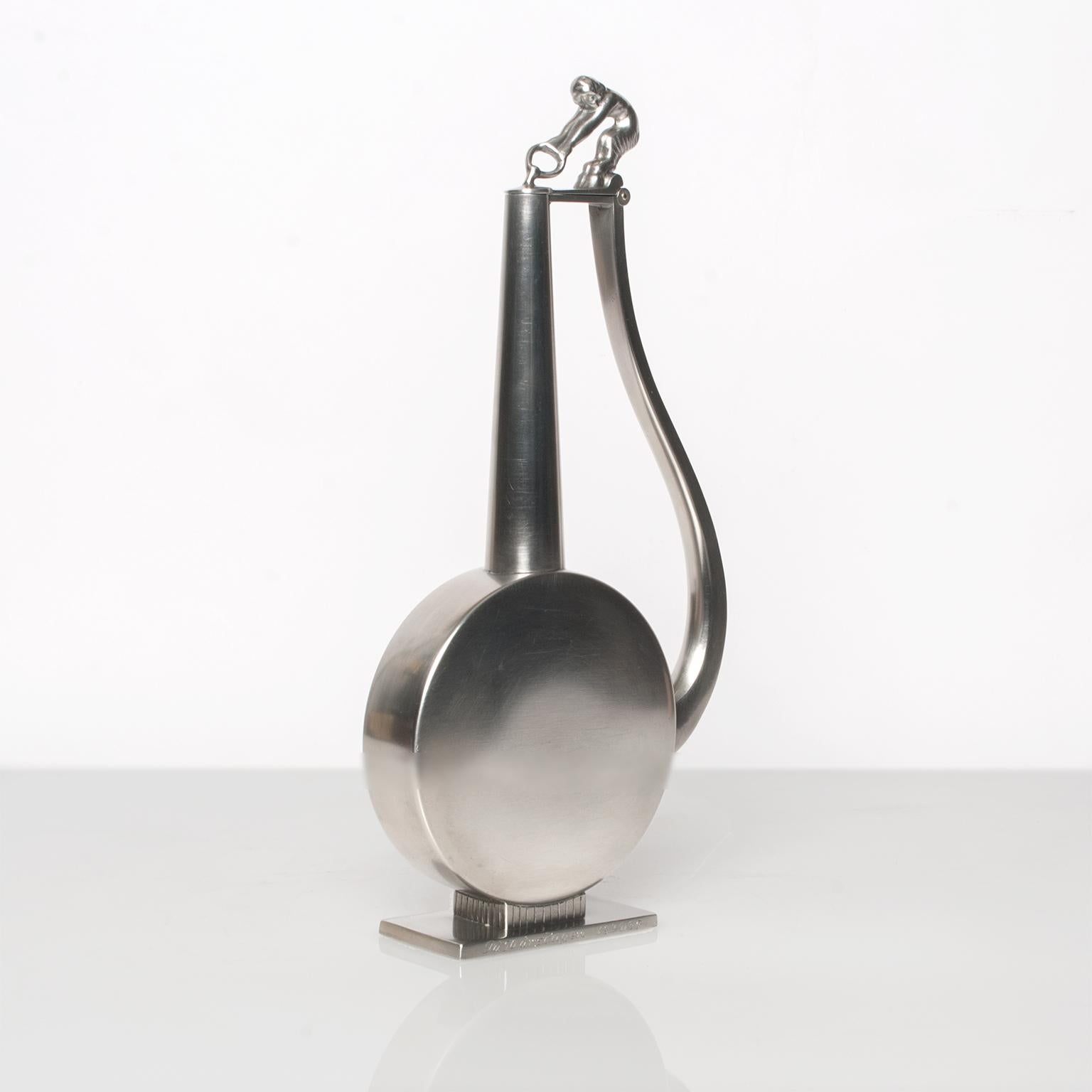 Polished Swedish Art Deco Pewter Bottle with Satyr Figure from G.A.B., 1933 For Sale